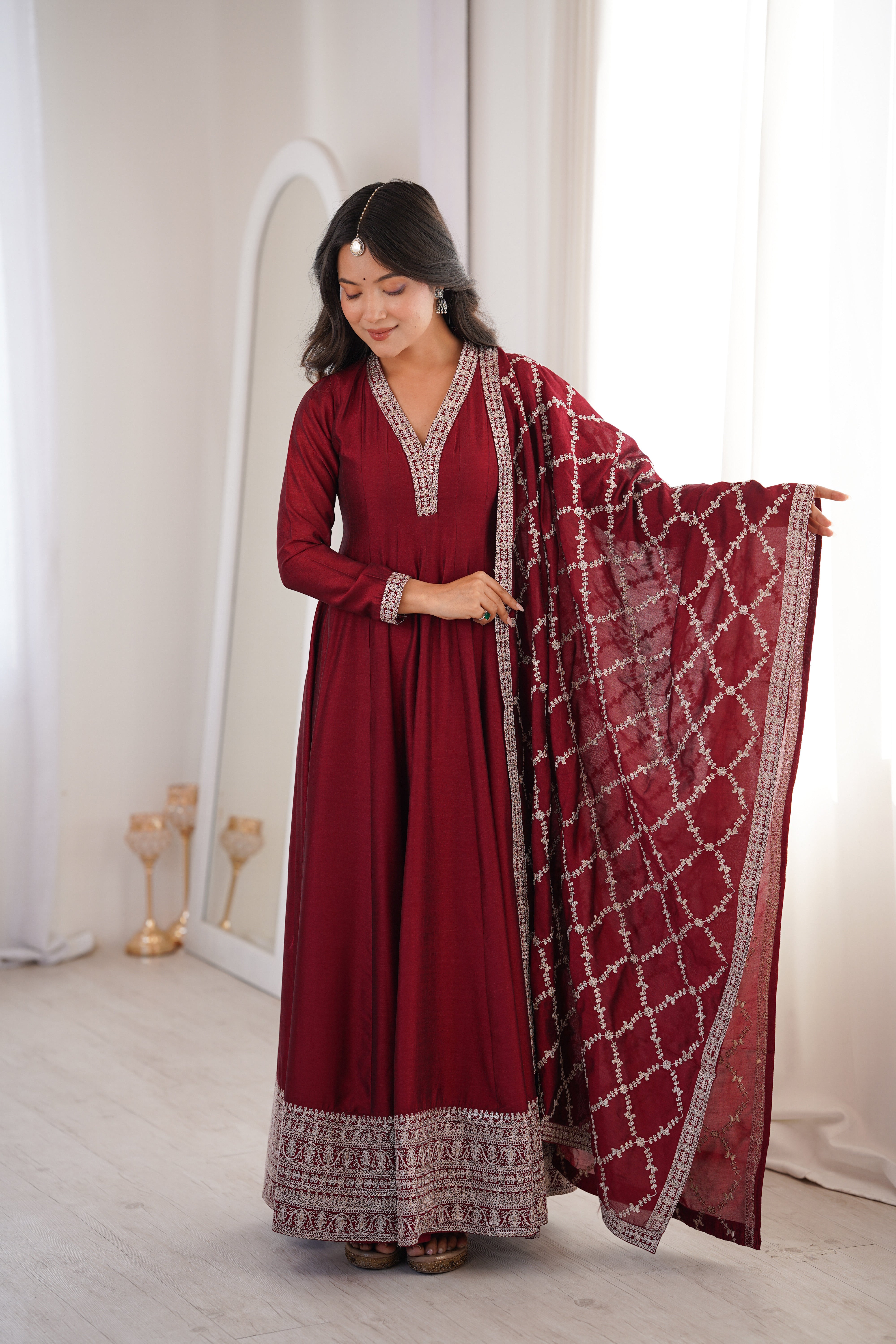 Maroon Embroidered Anarkali Suit Set with Dupatta – Festive & Party Wear