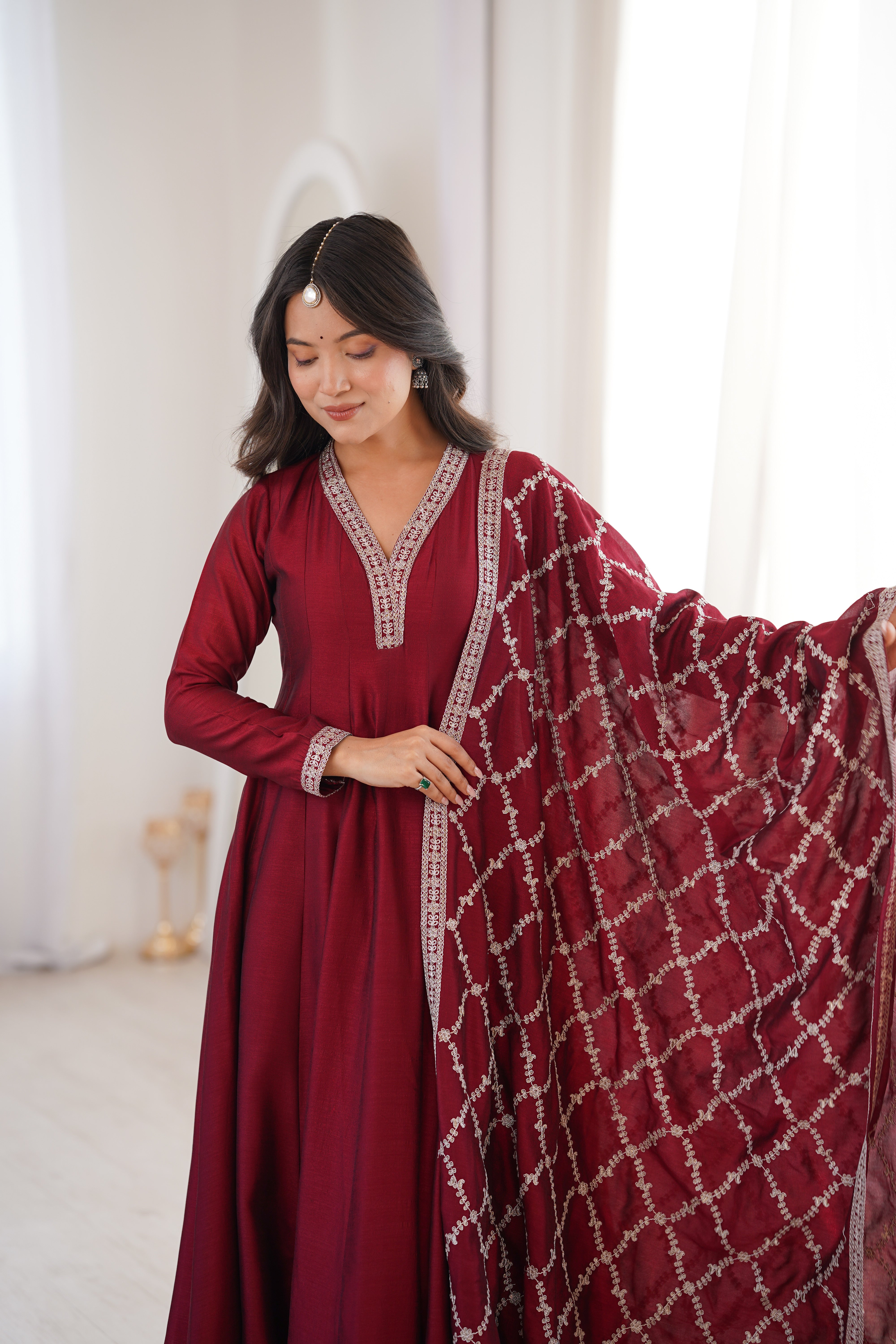 Maroon Embroidered Anarkali Suit Set with Dupatta – Festive & Party Wear