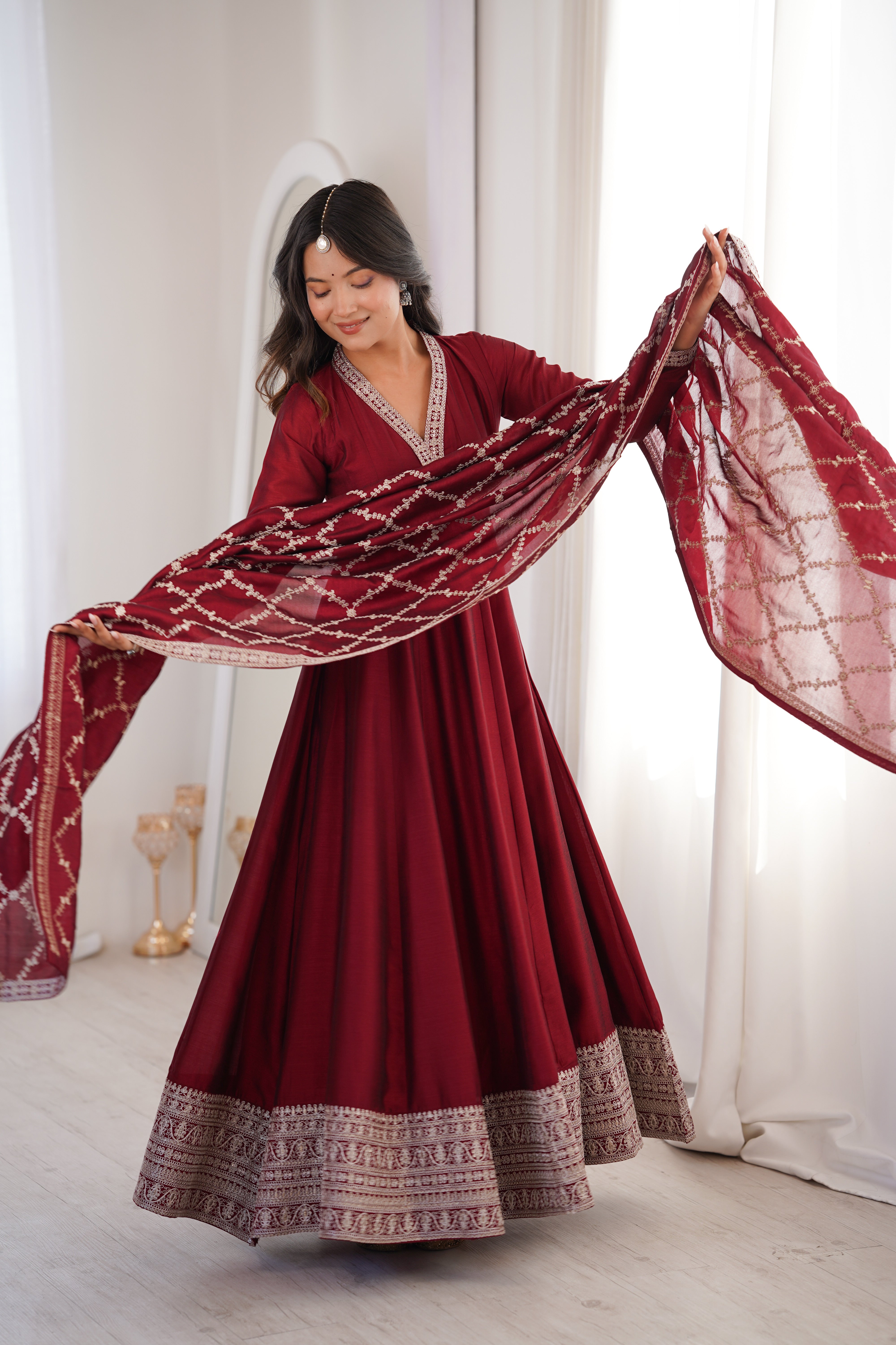 Maroon Embroidered Anarkali Suit Set with Dupatta – Festive & Party Wear
