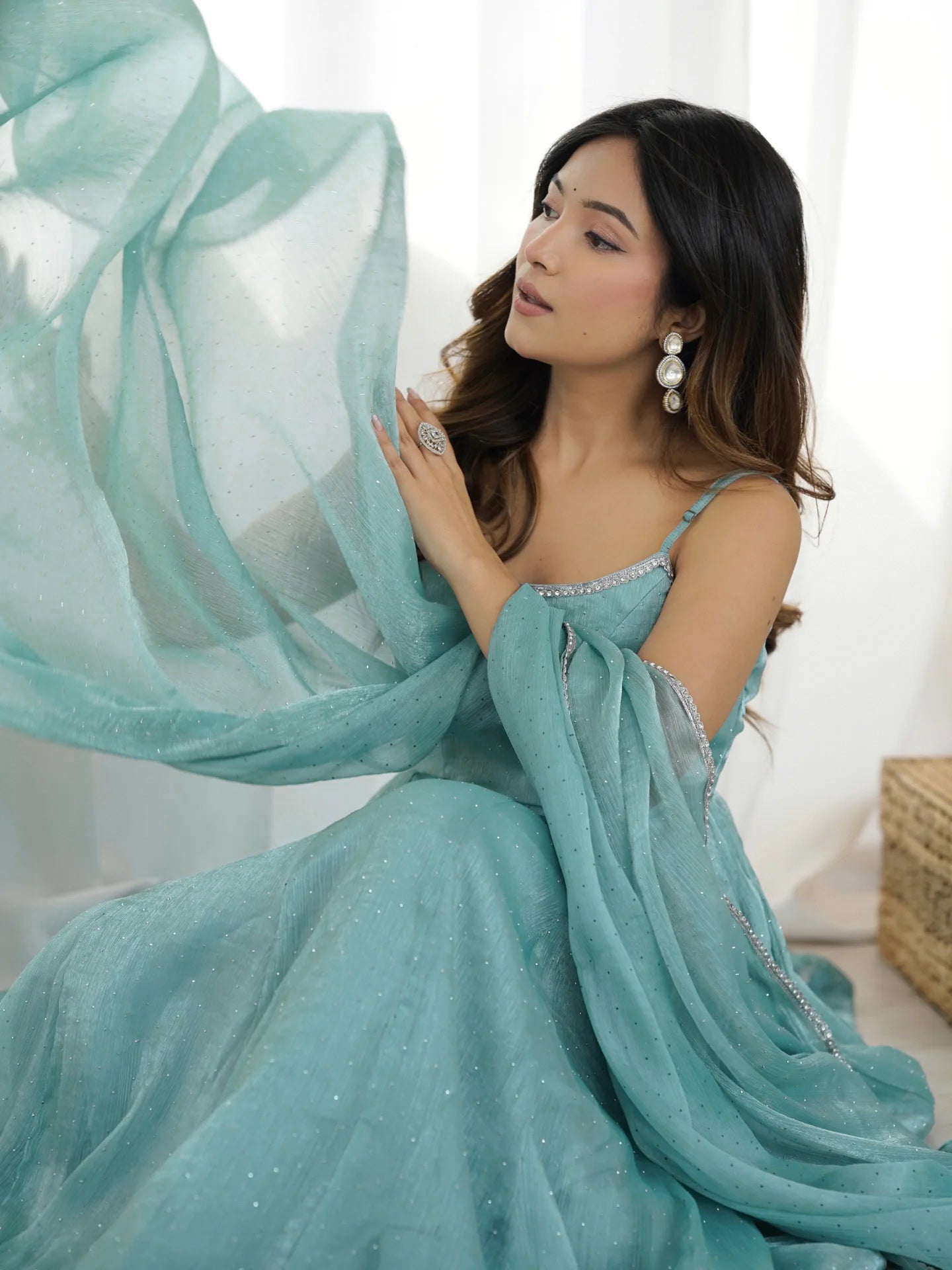 Women's Sea Green Shimmer Anarkali Gown with Dupatta