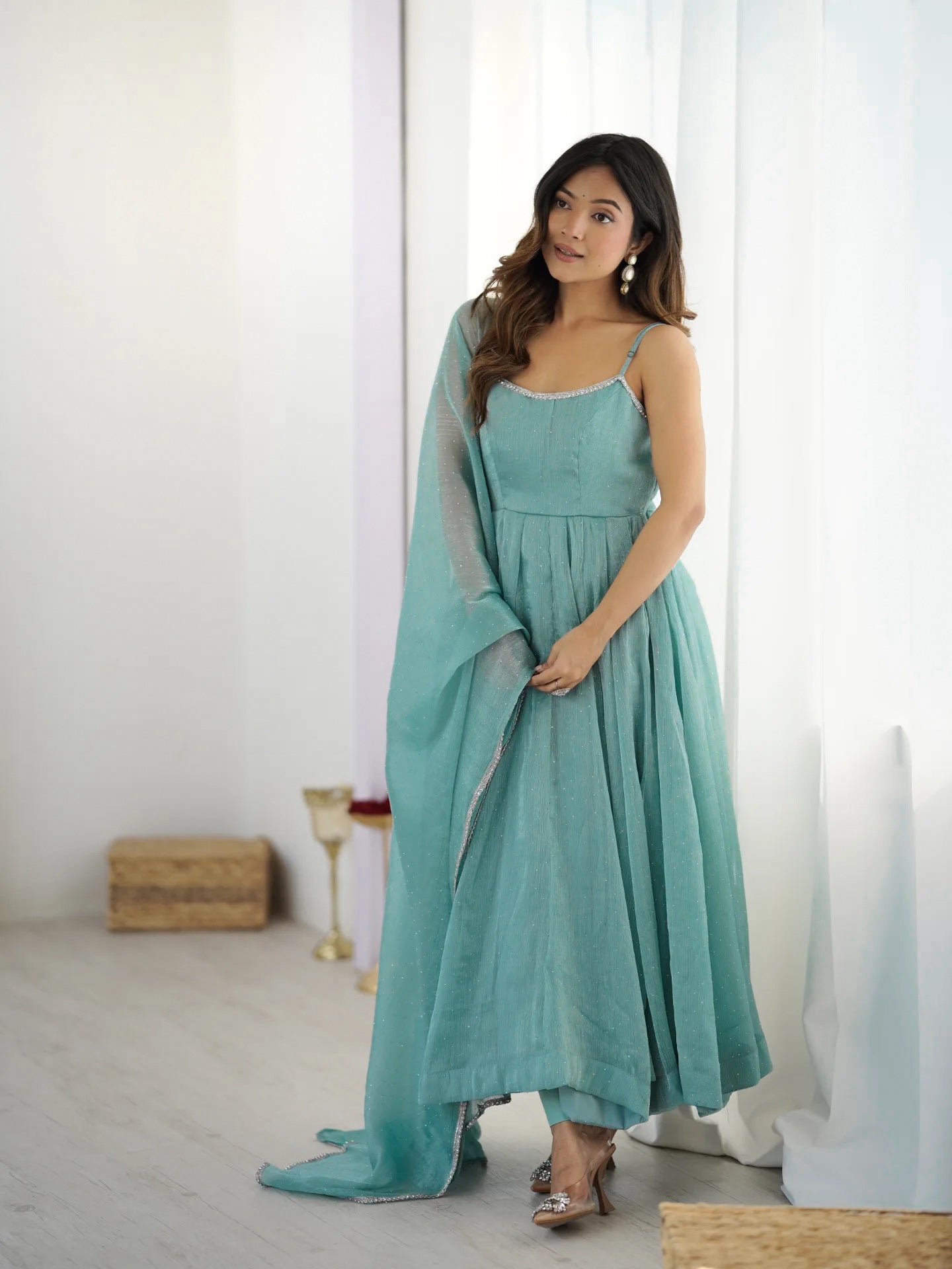 Women's Sea Green Shimmer Anarkali Gown with Dupatta