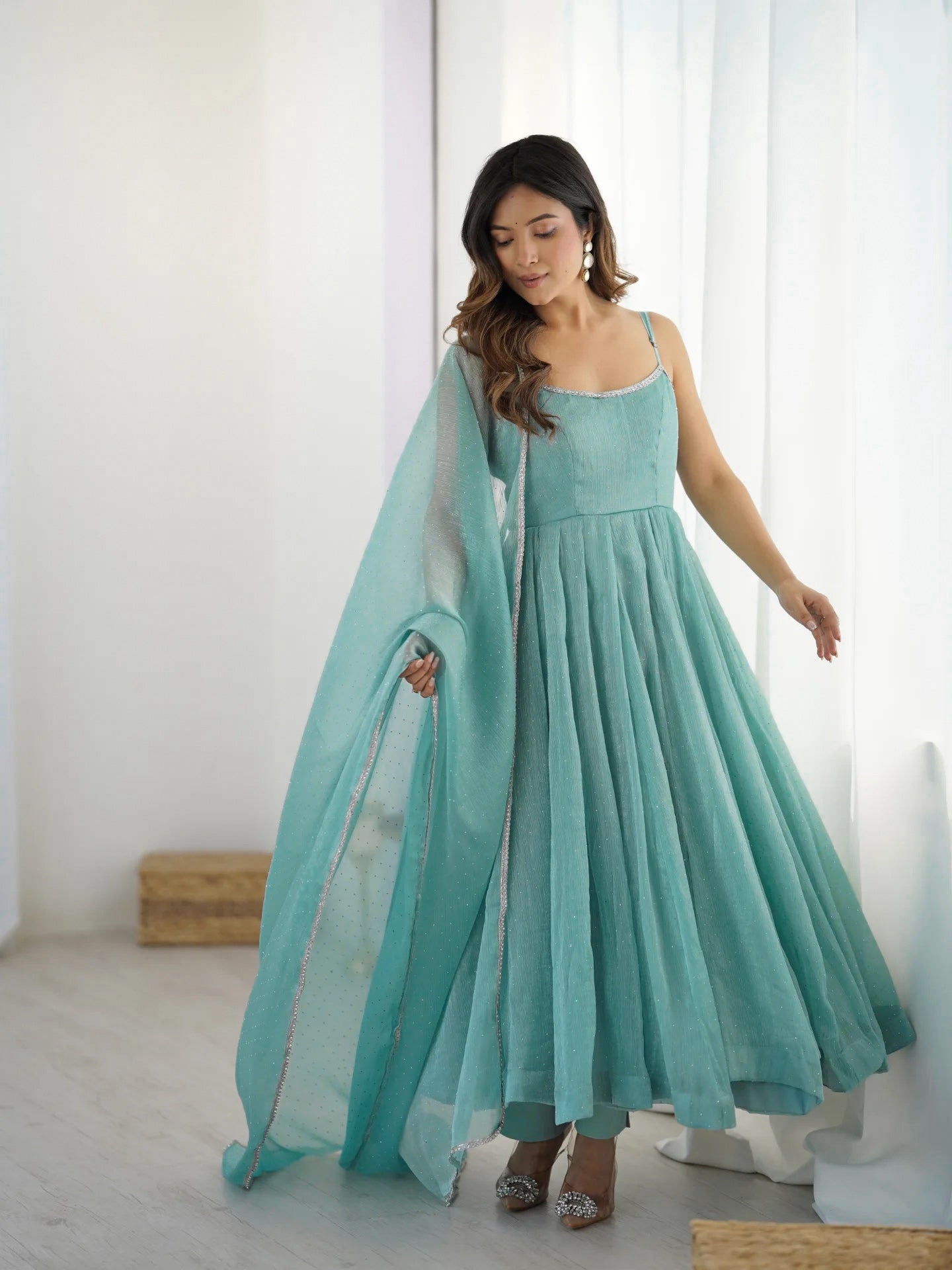 Women's Sea Green Shimmer Anarkali Gown with Dupatta