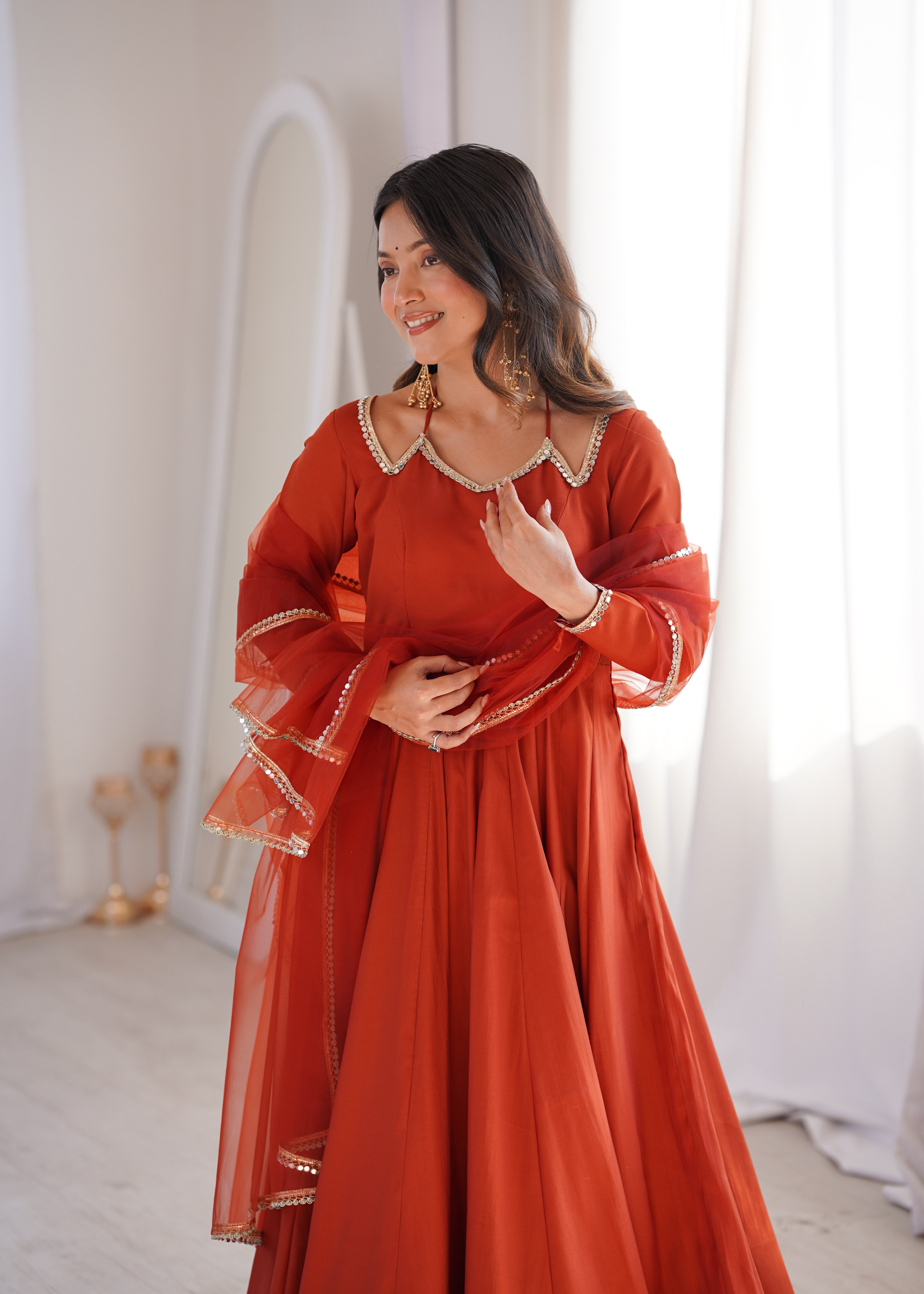 Rust Orange Embellished Anarkali Suit Set with Organza Dupatta