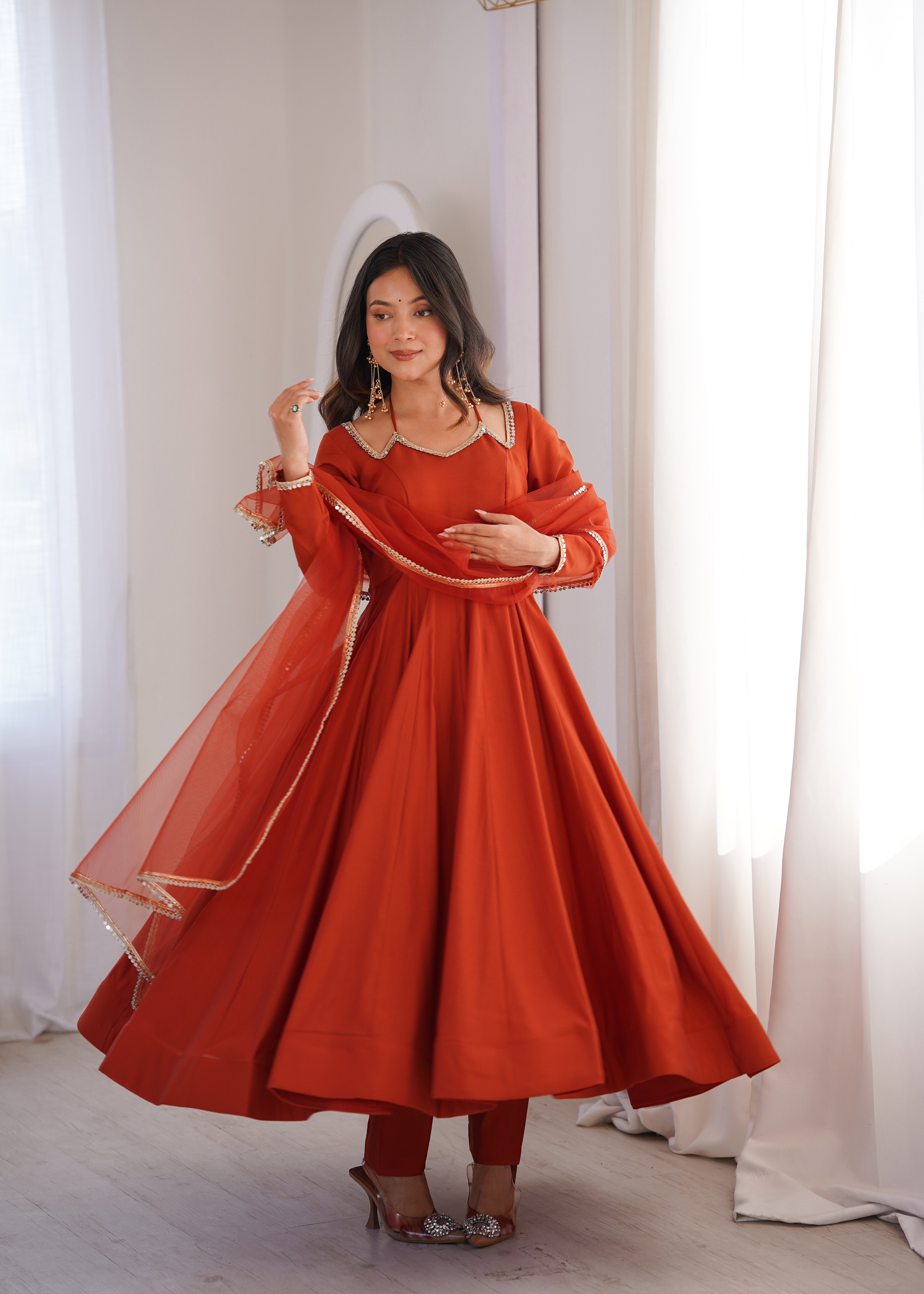 Rust Orange Embellished Anarkali Suit Set with Organza Dupatta