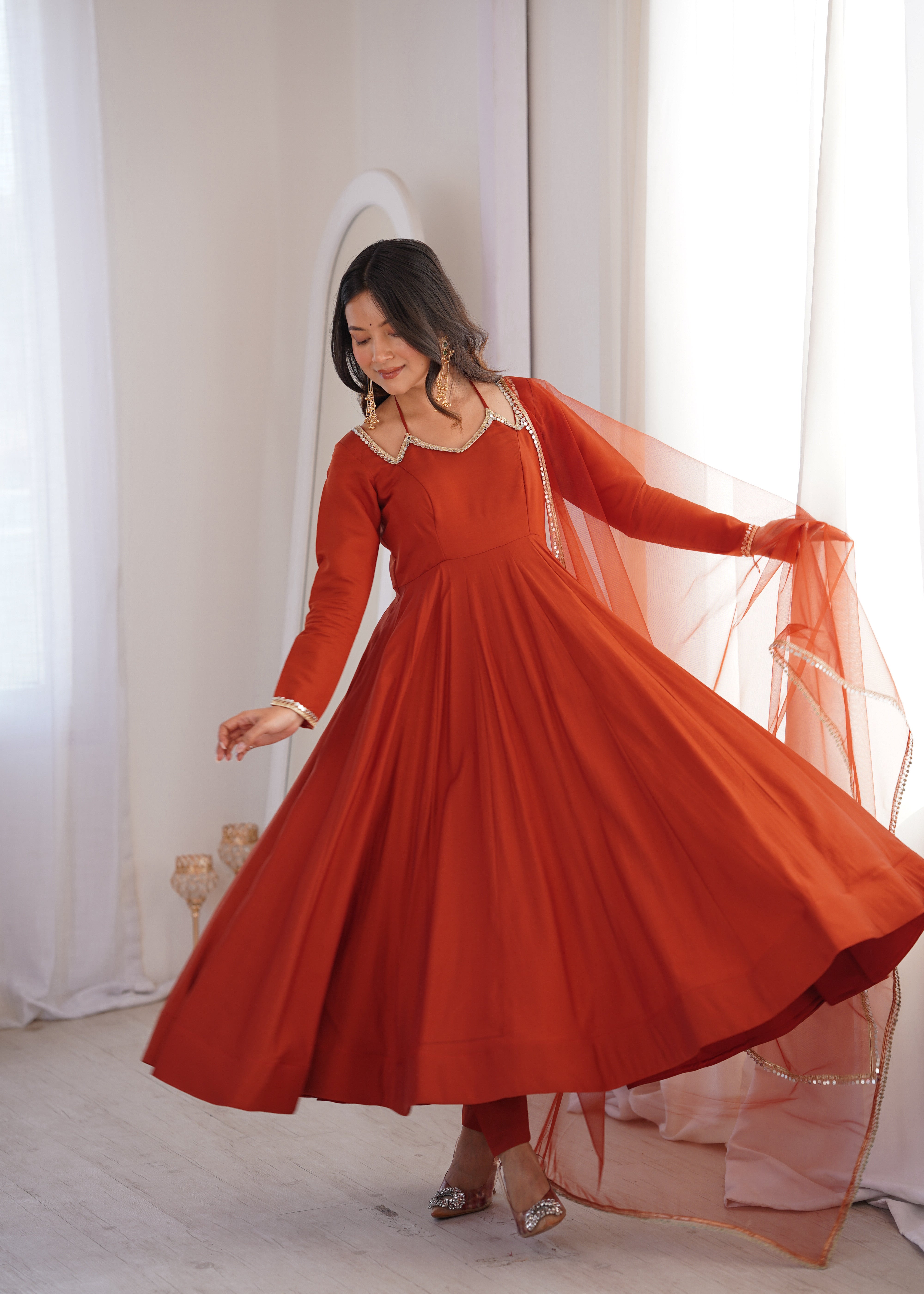 Rust Orange Embellished Anarkali Suit Set with Organza Dupatta