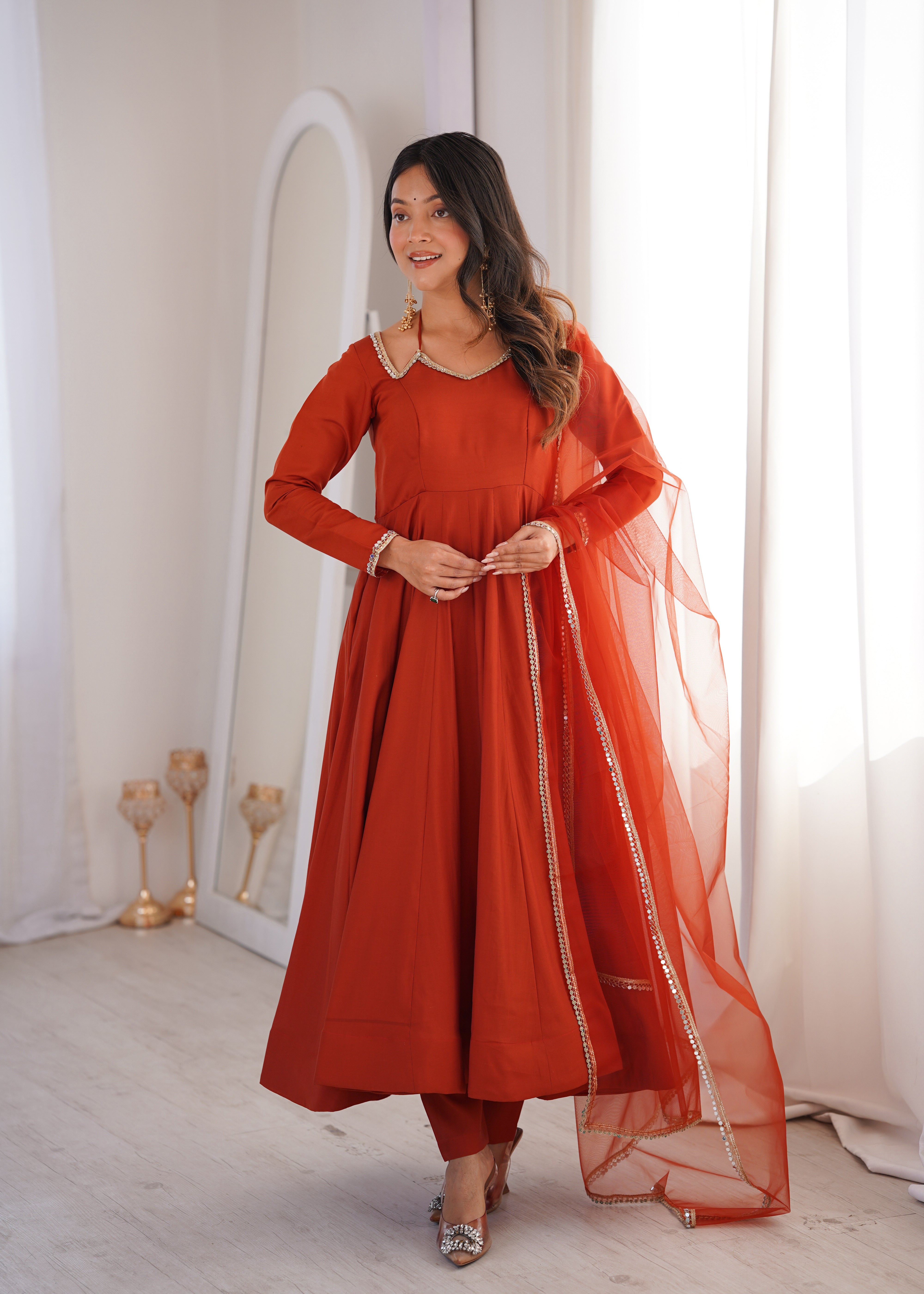 Rust Orange Embellished Anarkali Suit Set with Organza Dupatta