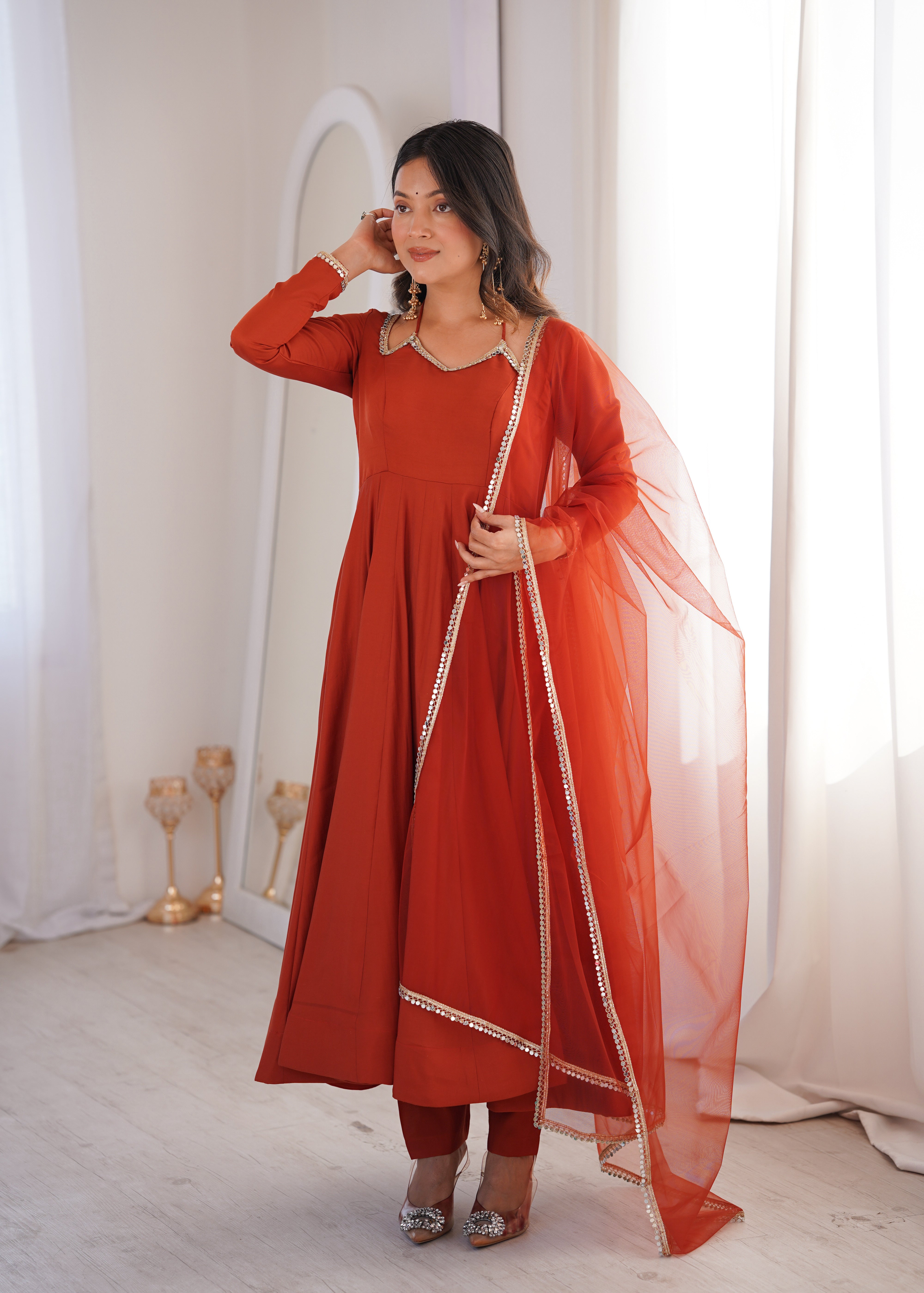 Rust Orange Embellished Anarkali Suit Set with Organza Dupatta