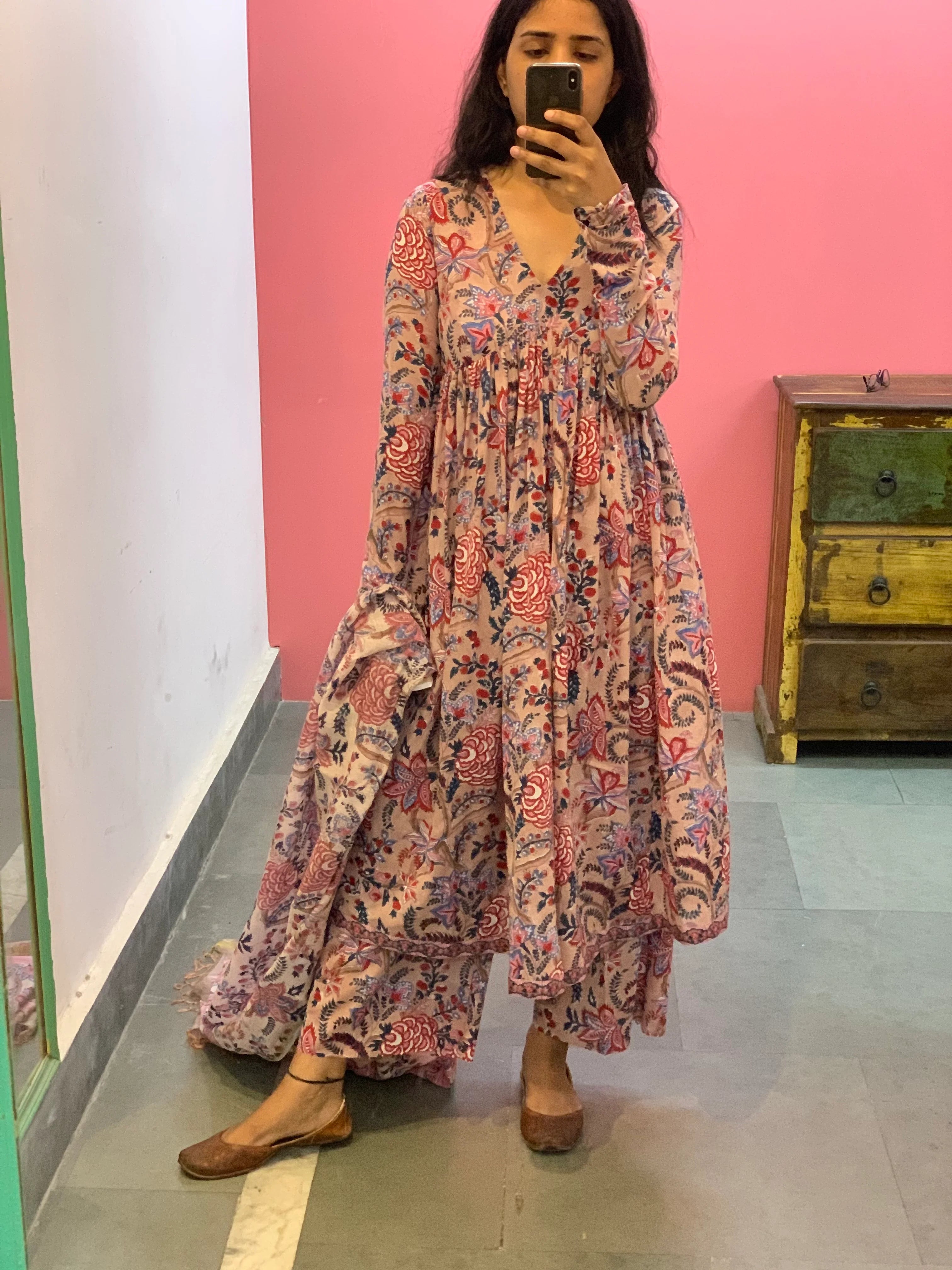 Beige Floral Printed Anarkali Kurta Set with Dupatta – Elegant Ethnic Wear