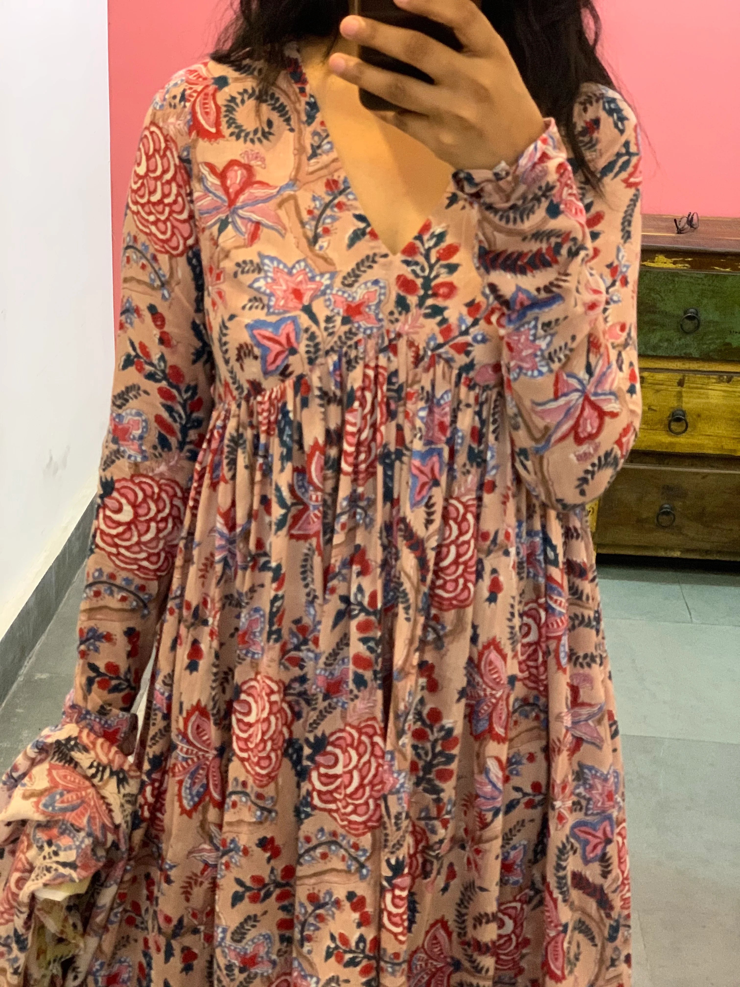 Beige Floral Printed Anarkali Kurta Set with Dupatta – Elegant Ethnic Wear