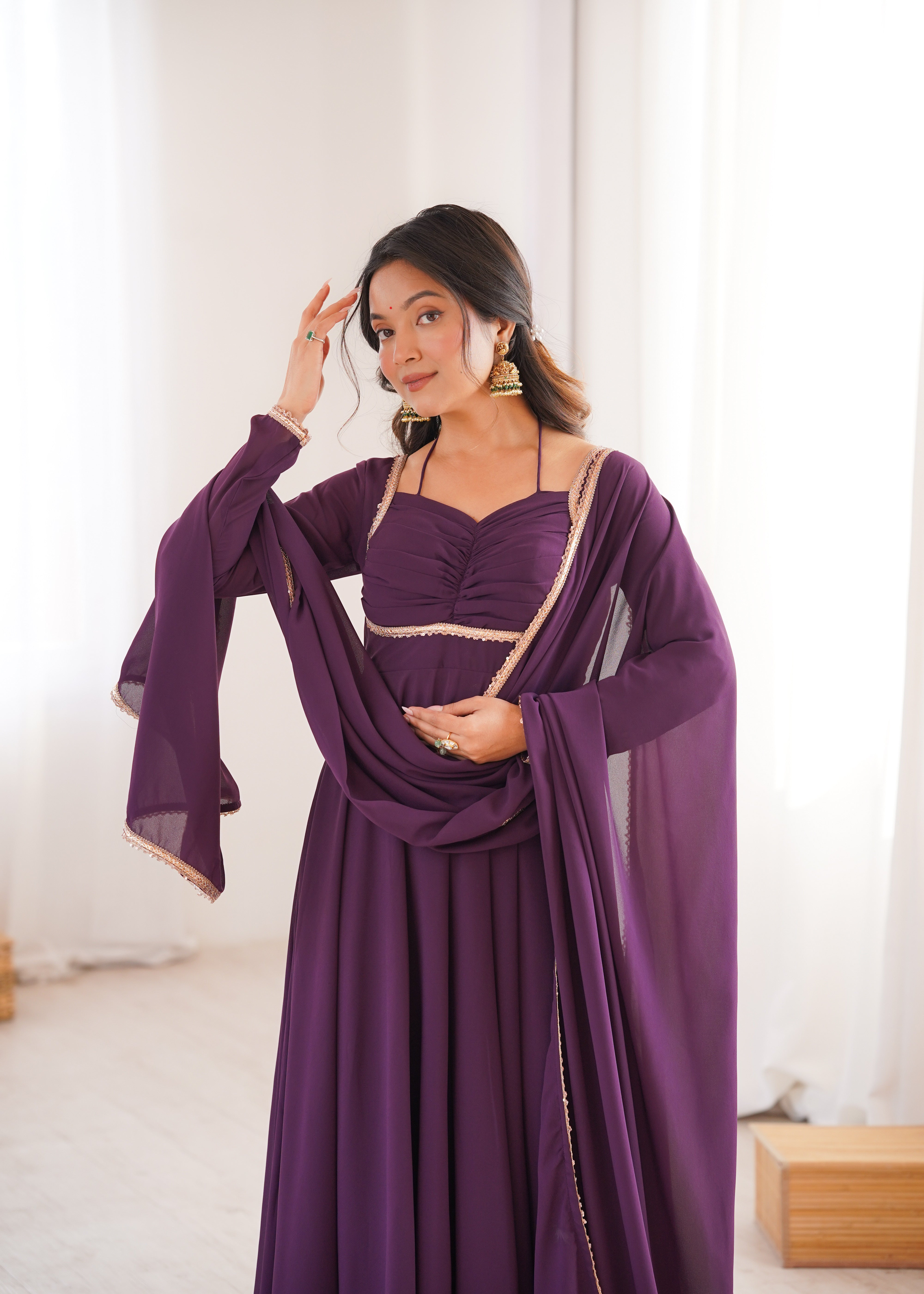Royal Plum Pleated Yoke Anarkali Suit Set with Dupatta