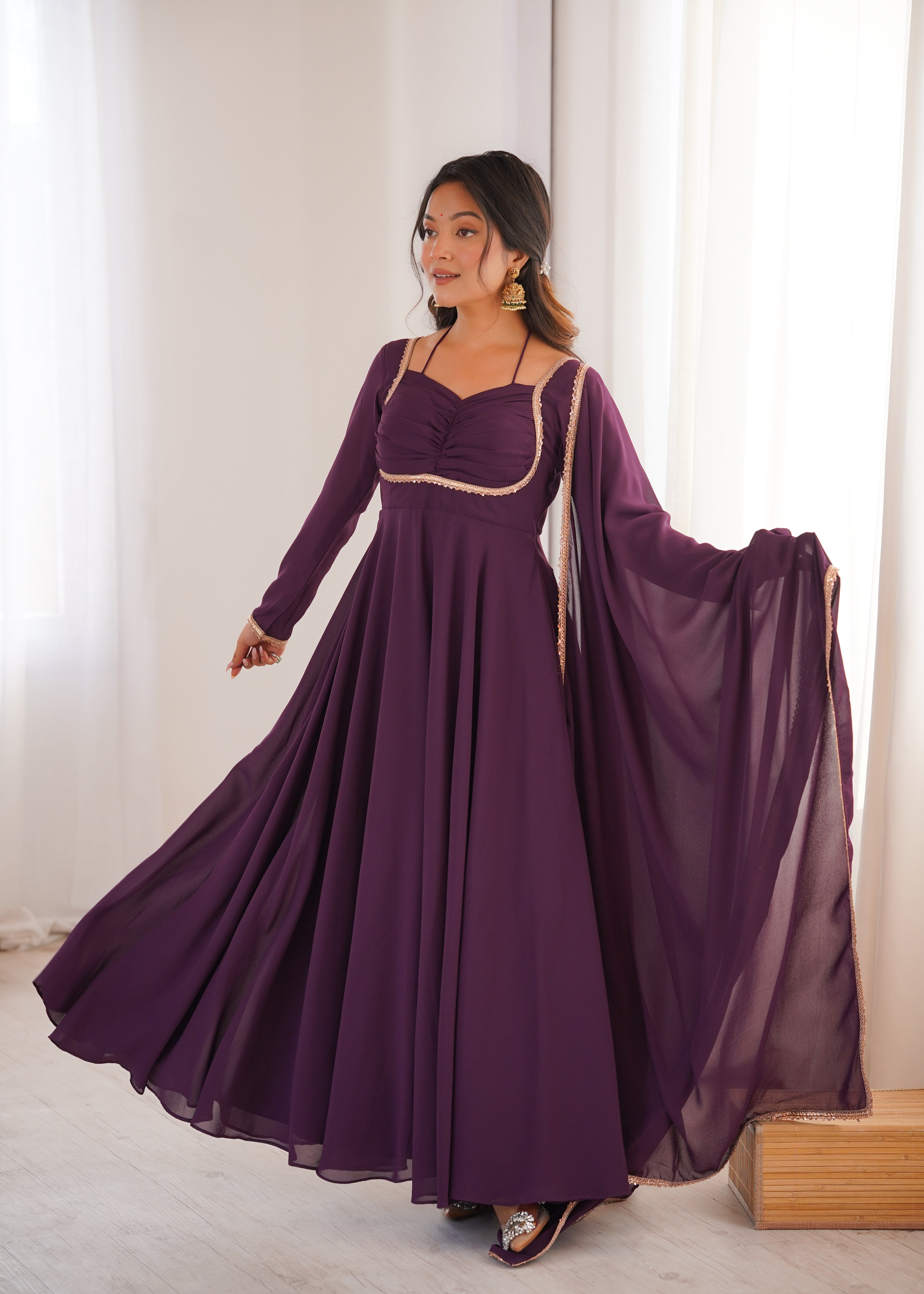 Royal Plum Pleated Yoke Anarkali Suit Set with Dupatta