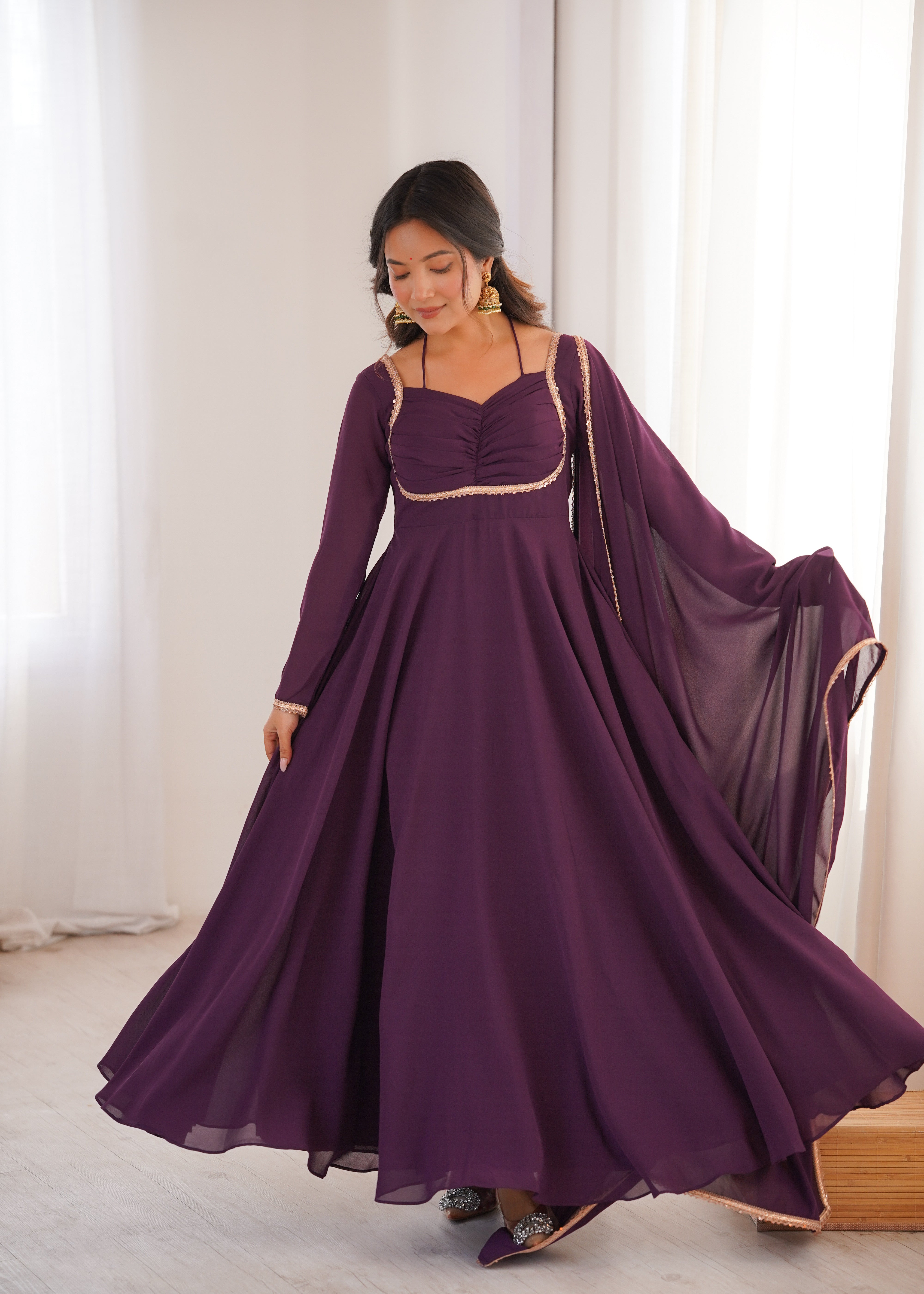 Royal Plum Pleated Yoke Anarkali Suit Set with Dupatta
