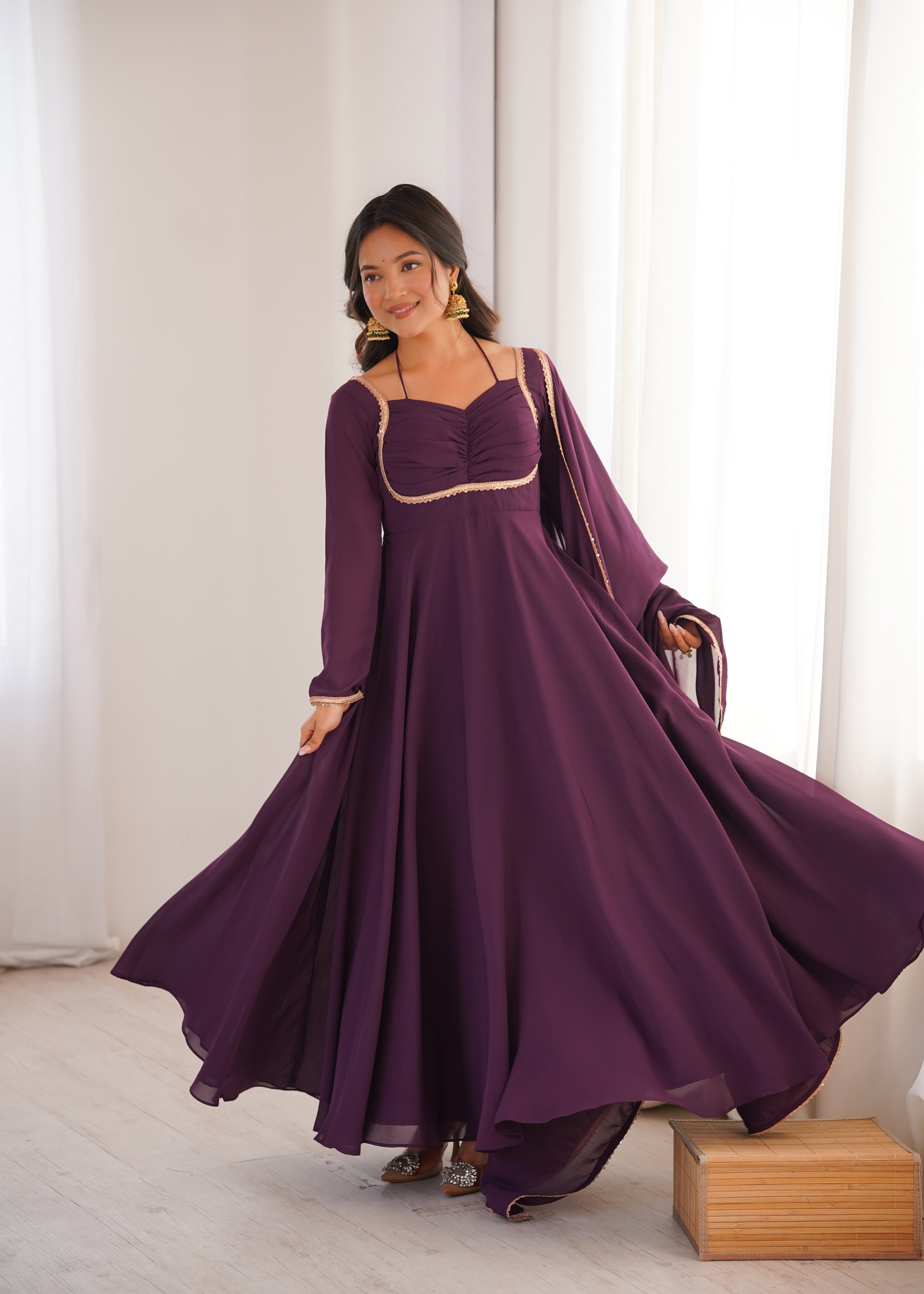 Royal Plum Pleated Yoke Anarkali Suit Set with Dupatta