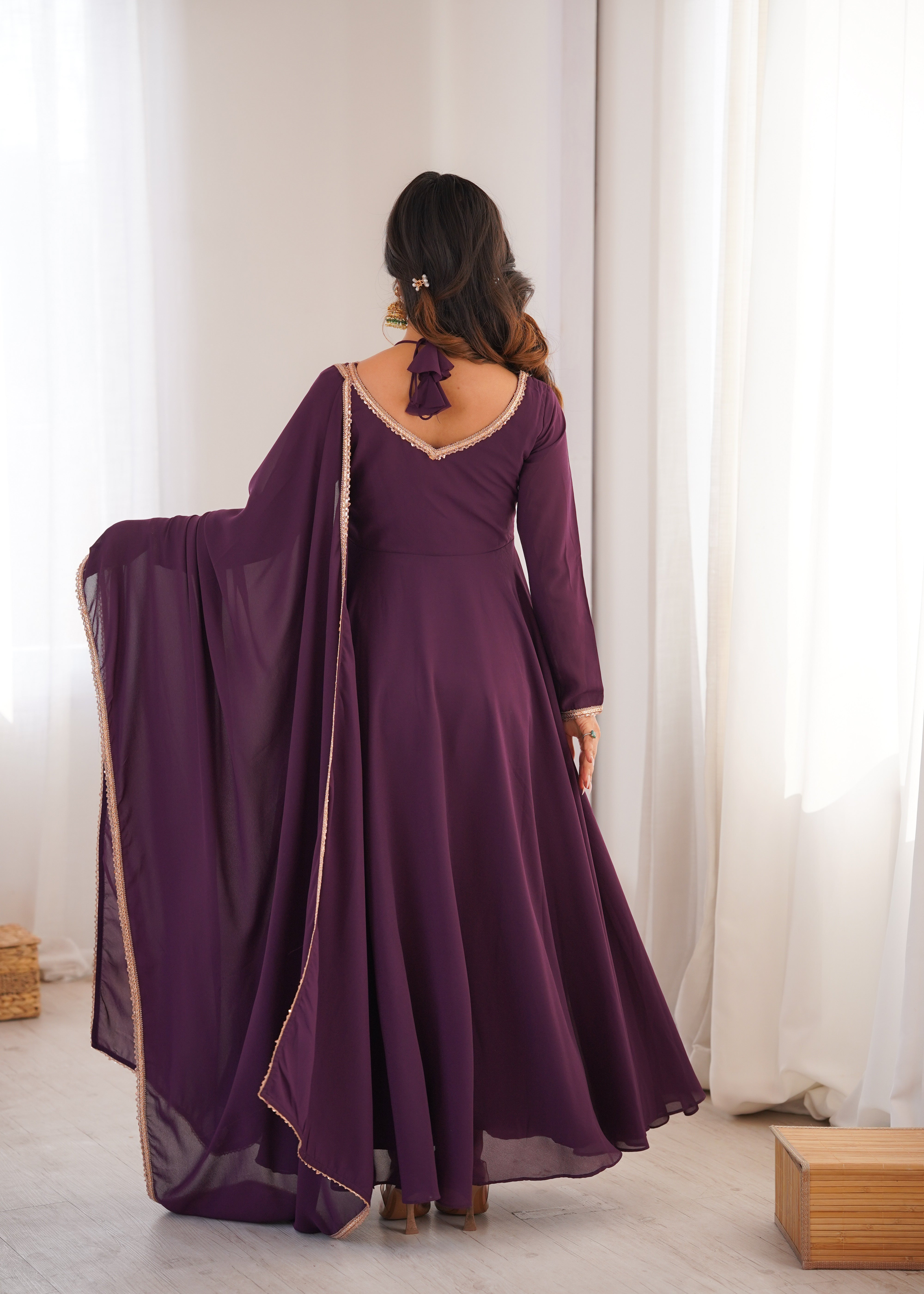 Royal Plum Pleated Yoke Anarkali Suit Set with Dupatta