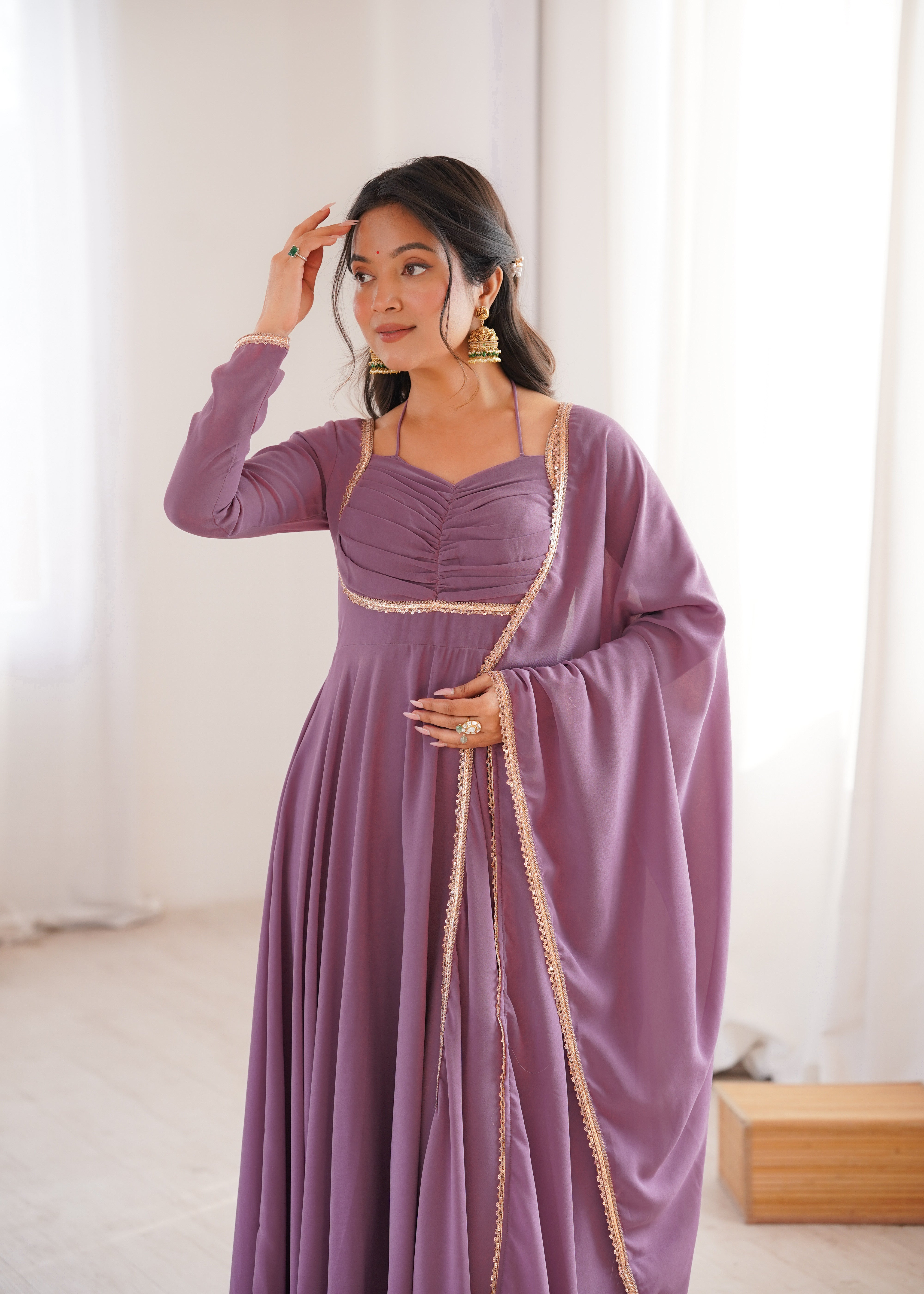 Dusty Mauve Pleated Yoke Anarkali Suit Set with Dupatta