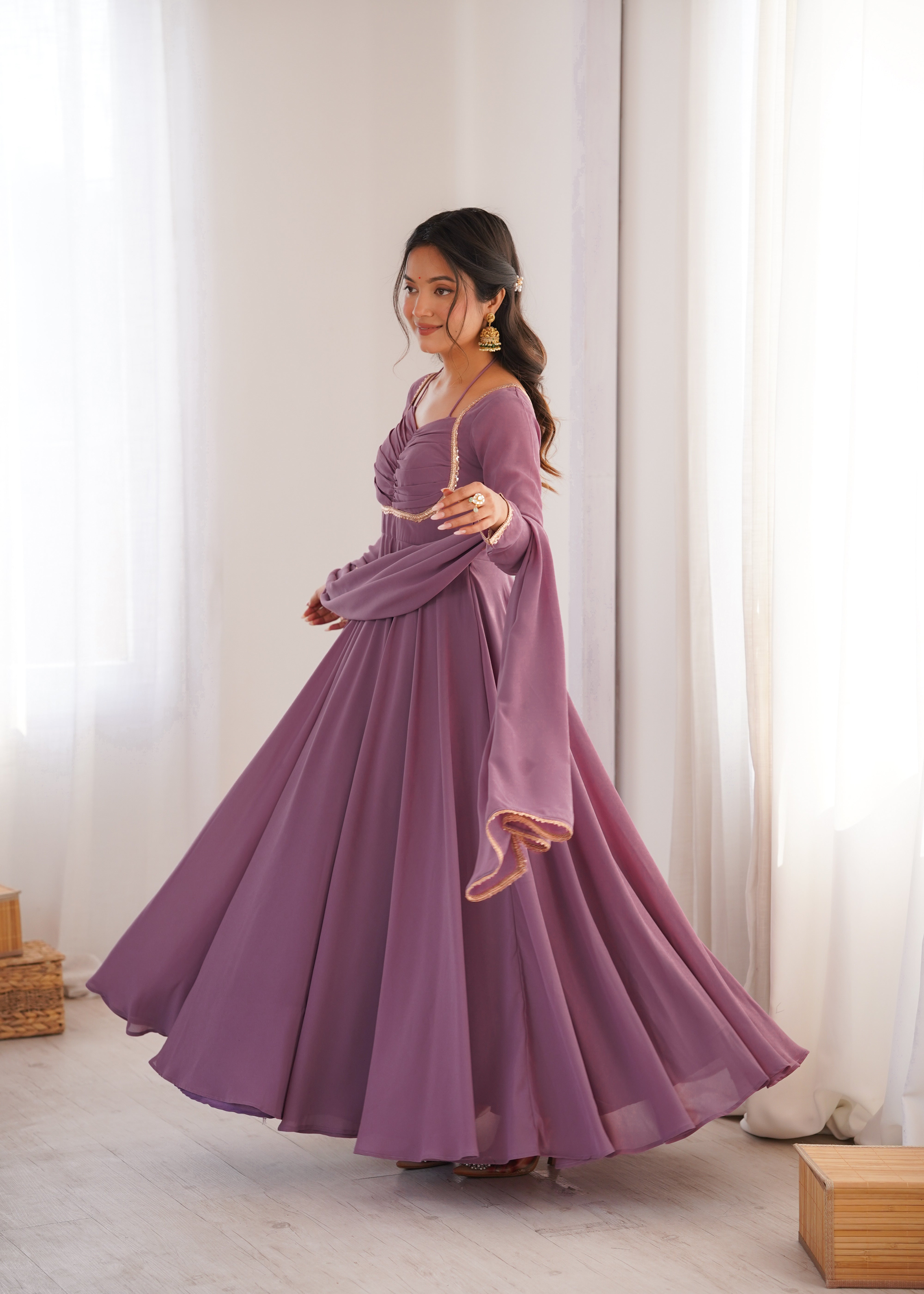 Dusty Mauve Pleated Yoke Anarkali Suit Set with Dupatta