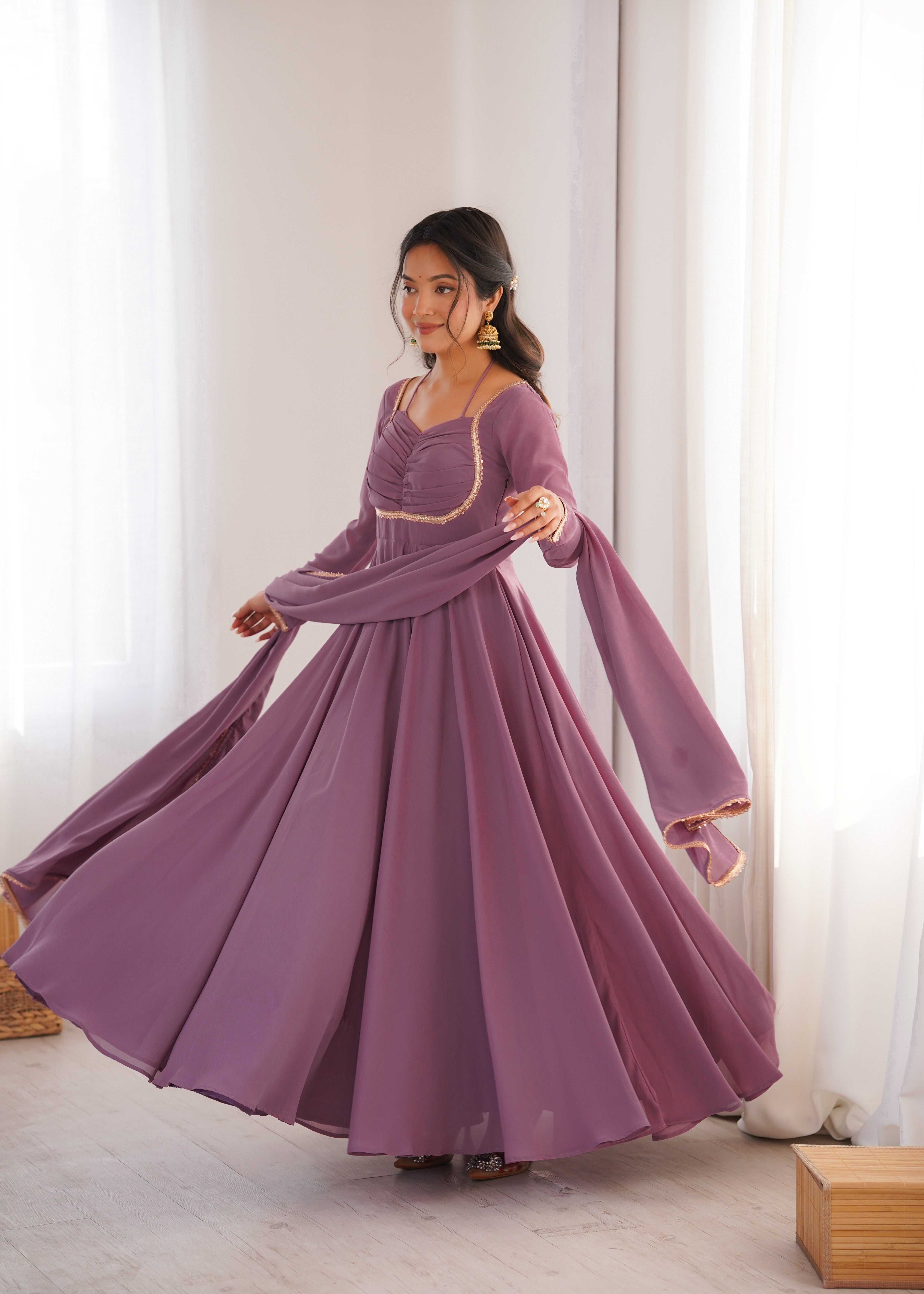 Dusty Mauve Pleated Yoke Anarkali Suit Set with Dupatta