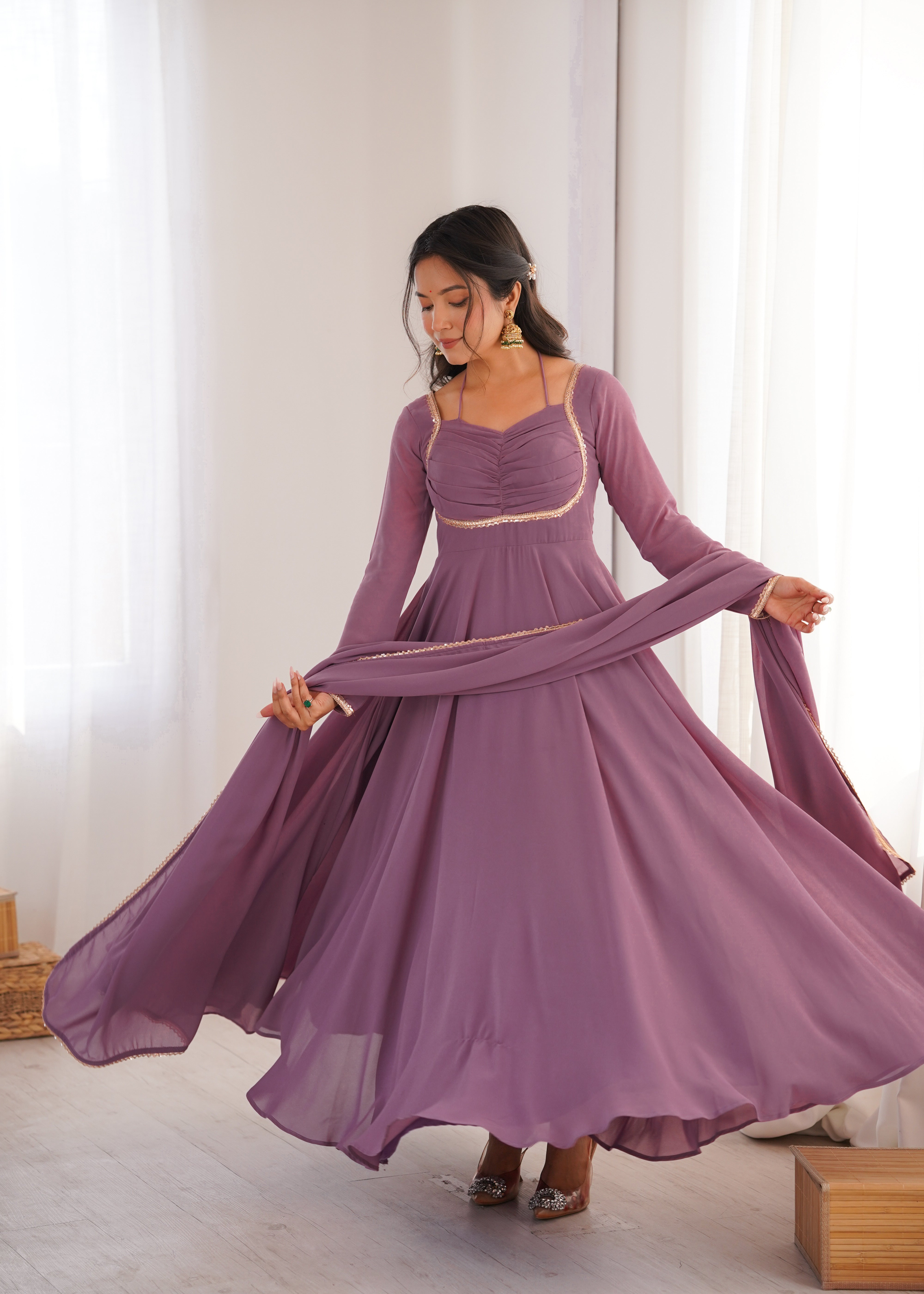 Dusty Mauve Pleated Yoke Anarkali Suit Set with Dupatta