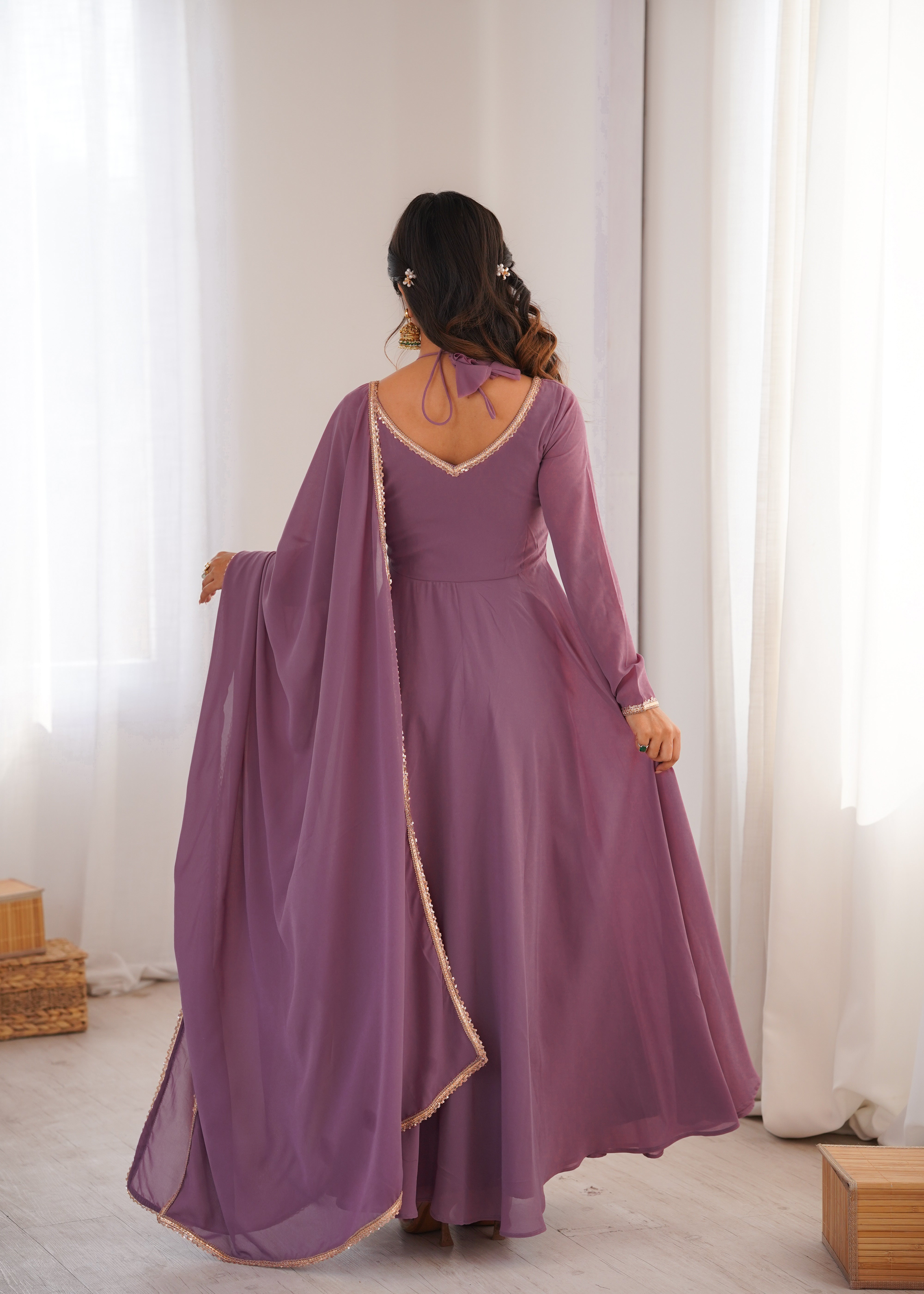 Dusty Mauve Pleated Yoke Anarkali Suit Set with Dupatta