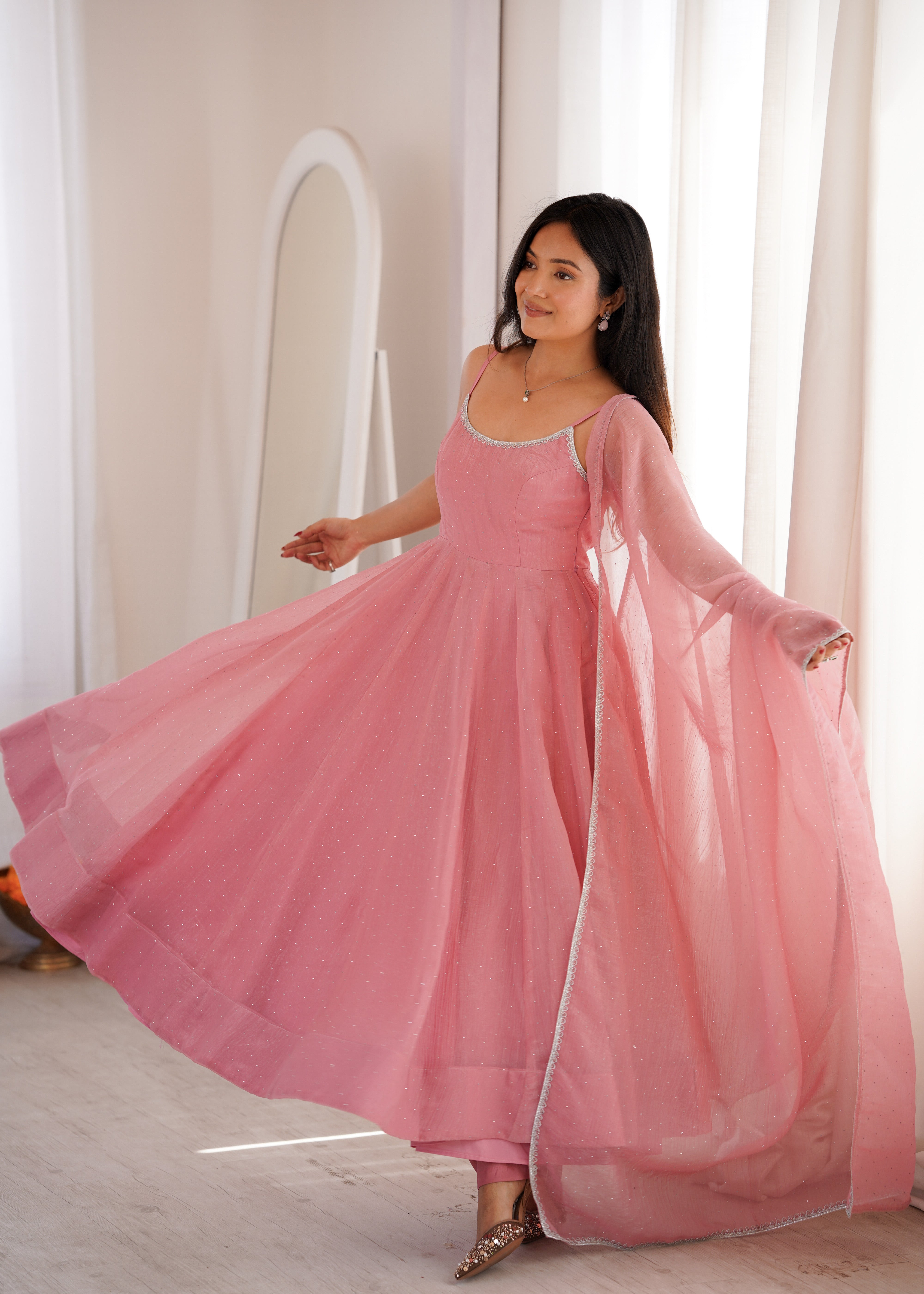 Blush Pink Shimmer Organza Anarkali Gown with Dupatta