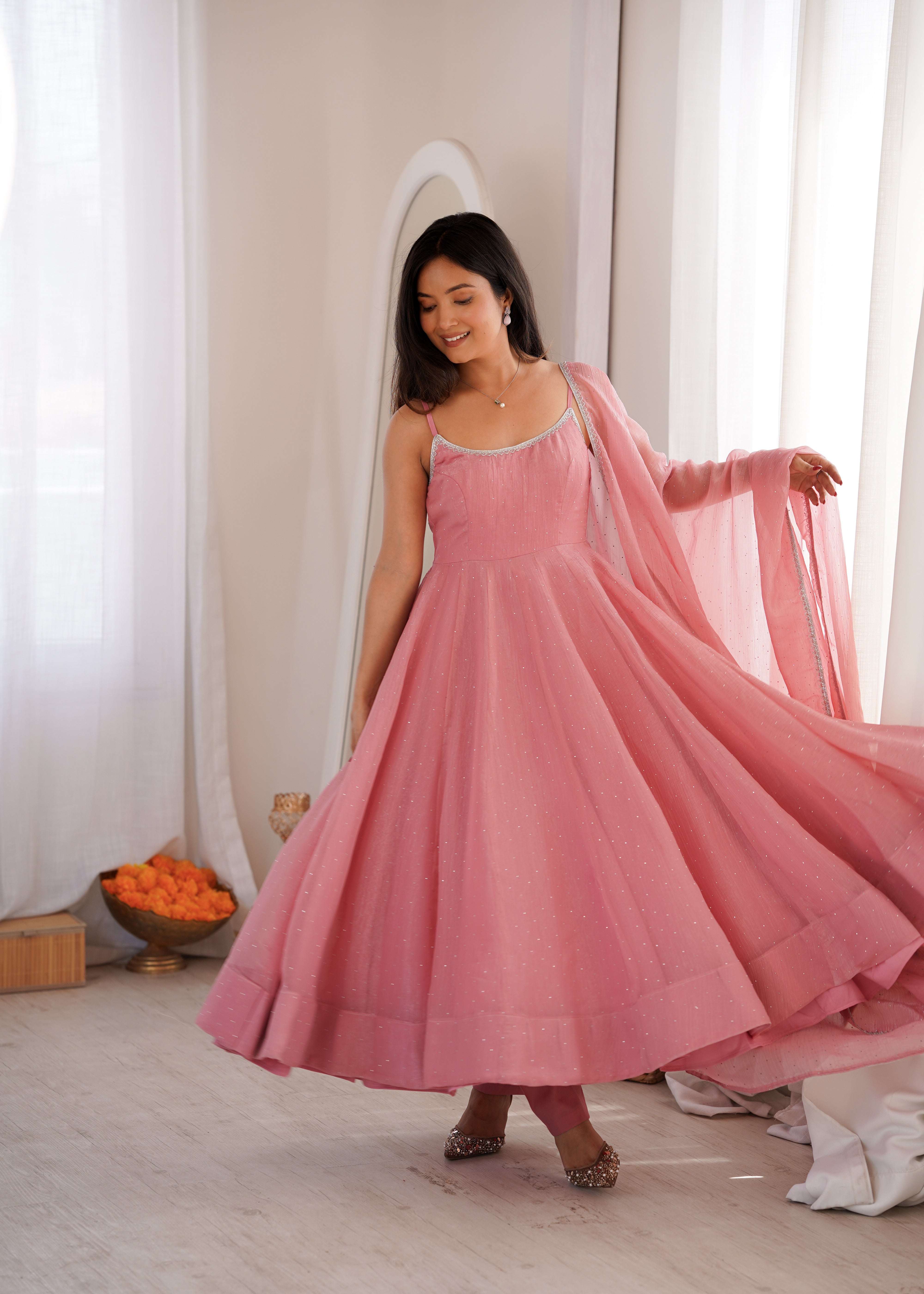 Blush Pink Shimmer Organza Anarkali Gown with Dupatta