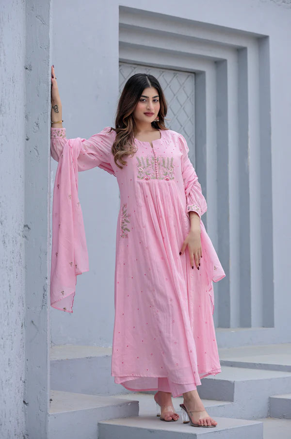 Elegant Embroidered Anarkali Kurta Set with Dupatta – Ivory, Lime Green & Blush Pink