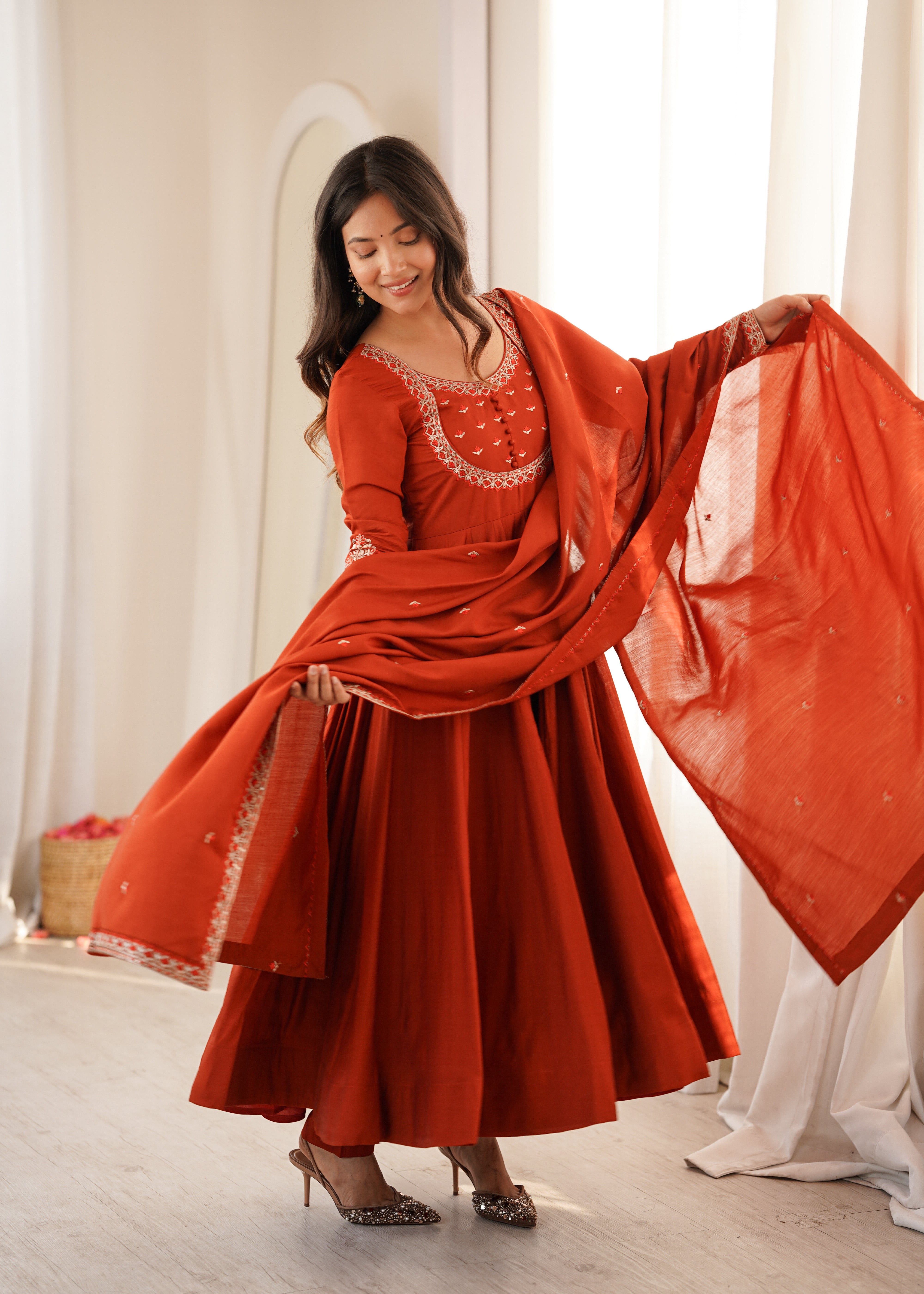 Rust Red Embroidered Yoke Anarkali Suit Set with Dupatta