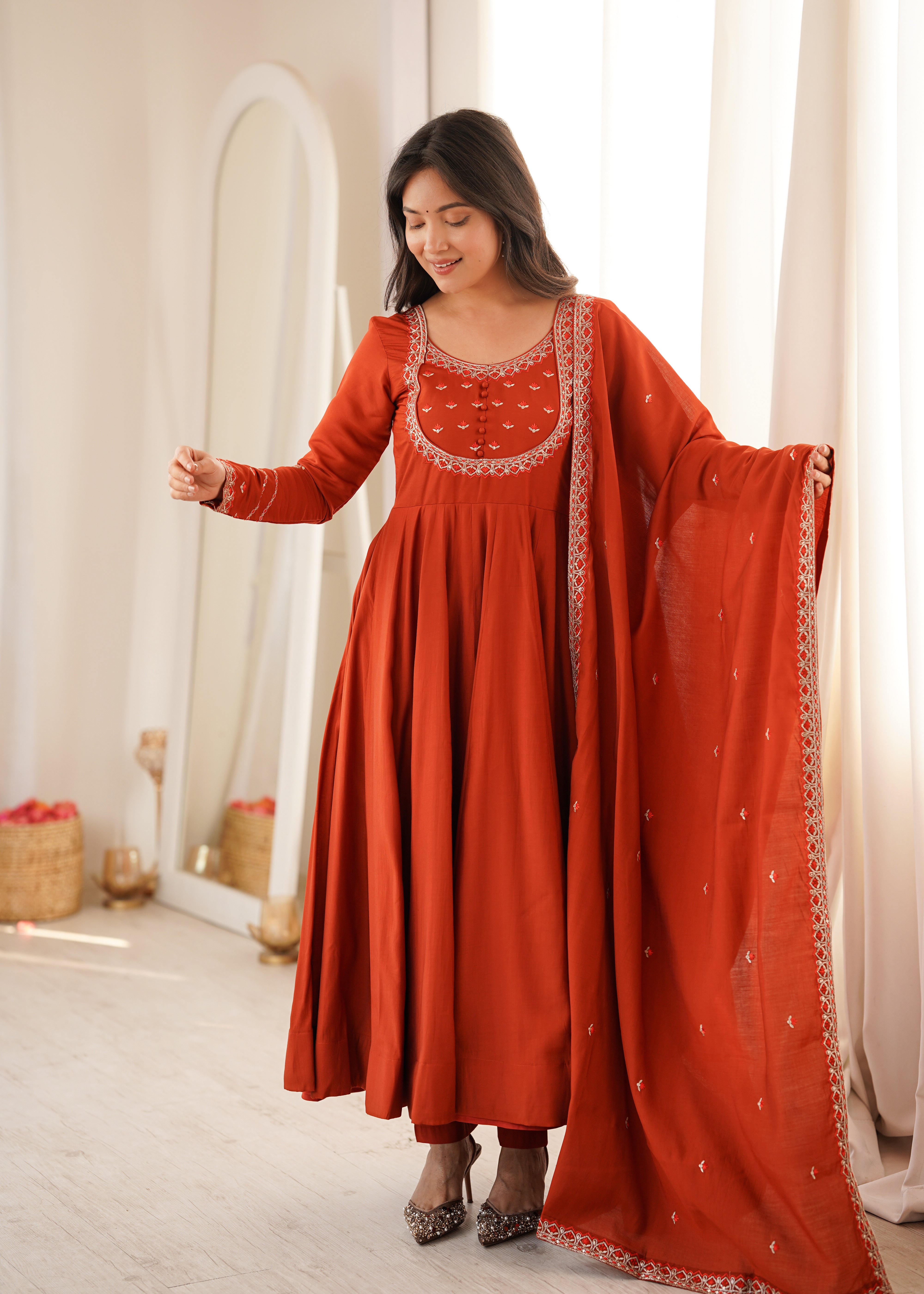 Rust Red Embroidered Yoke Anarkali Suit Set with Dupatta