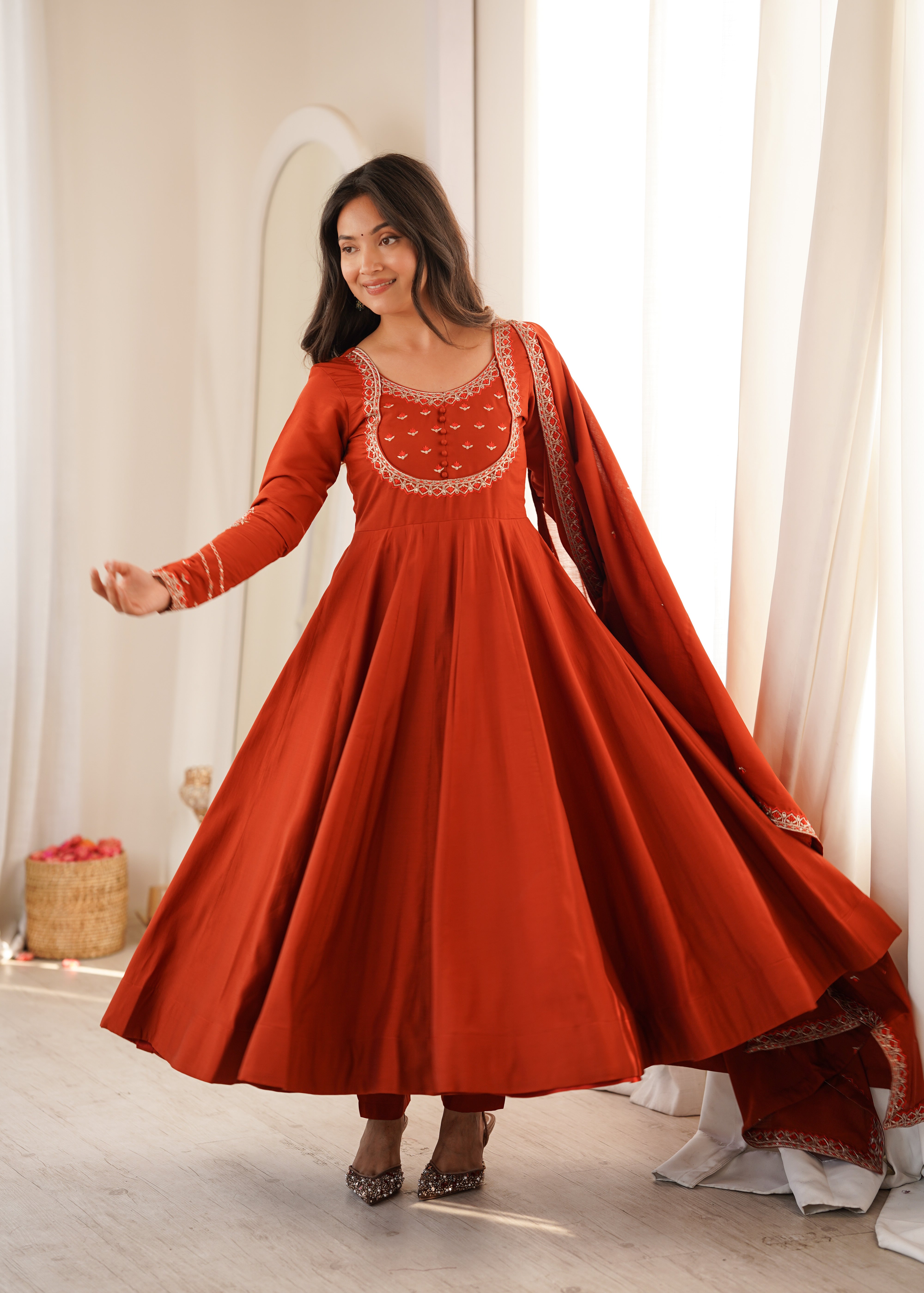 Rust Red Embroidered Yoke Anarkali Suit Set with Dupatta
