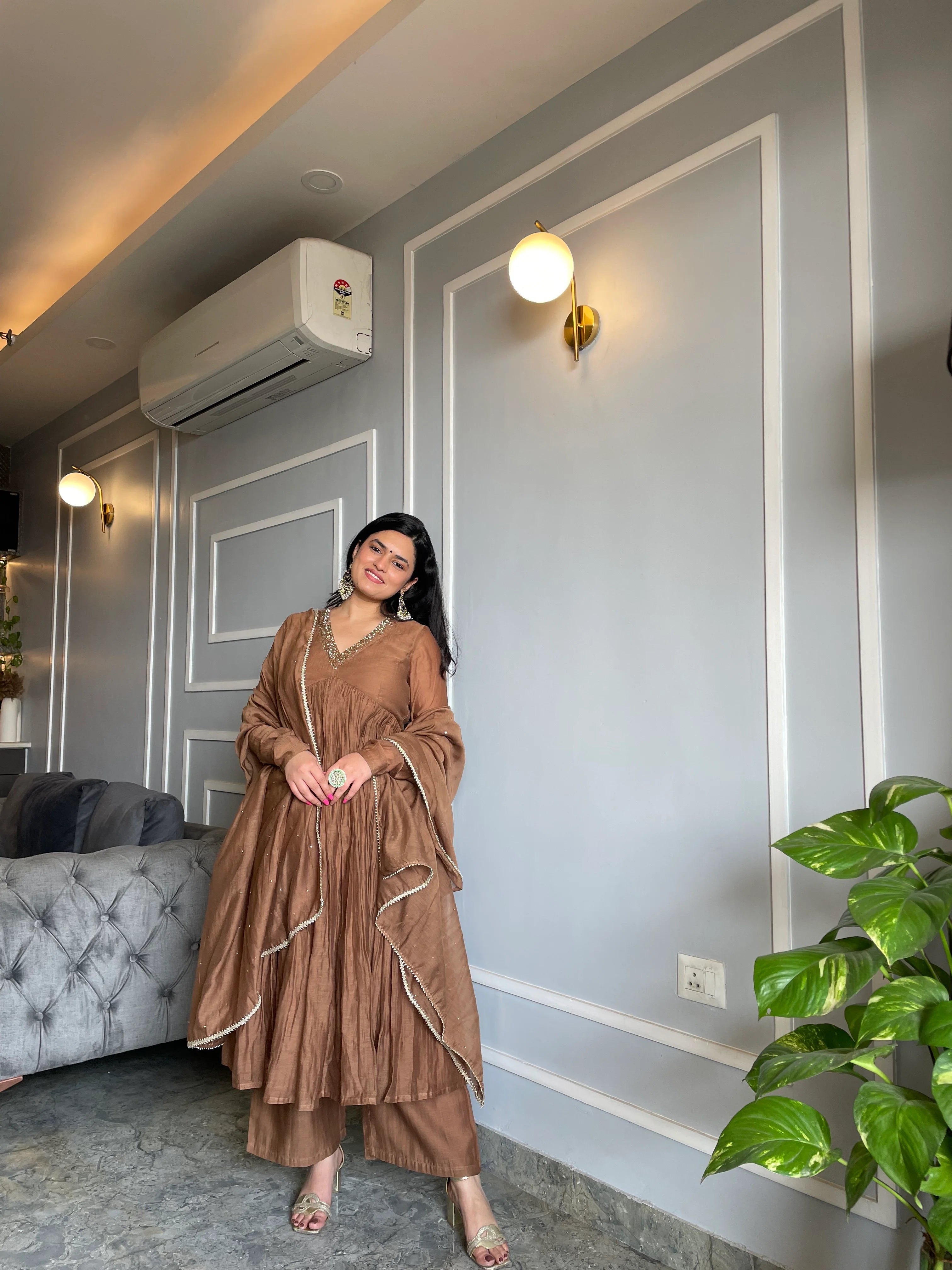 Golden/Muted-Brown Mul Chanderi anarkali with churi sleeves Set of 3