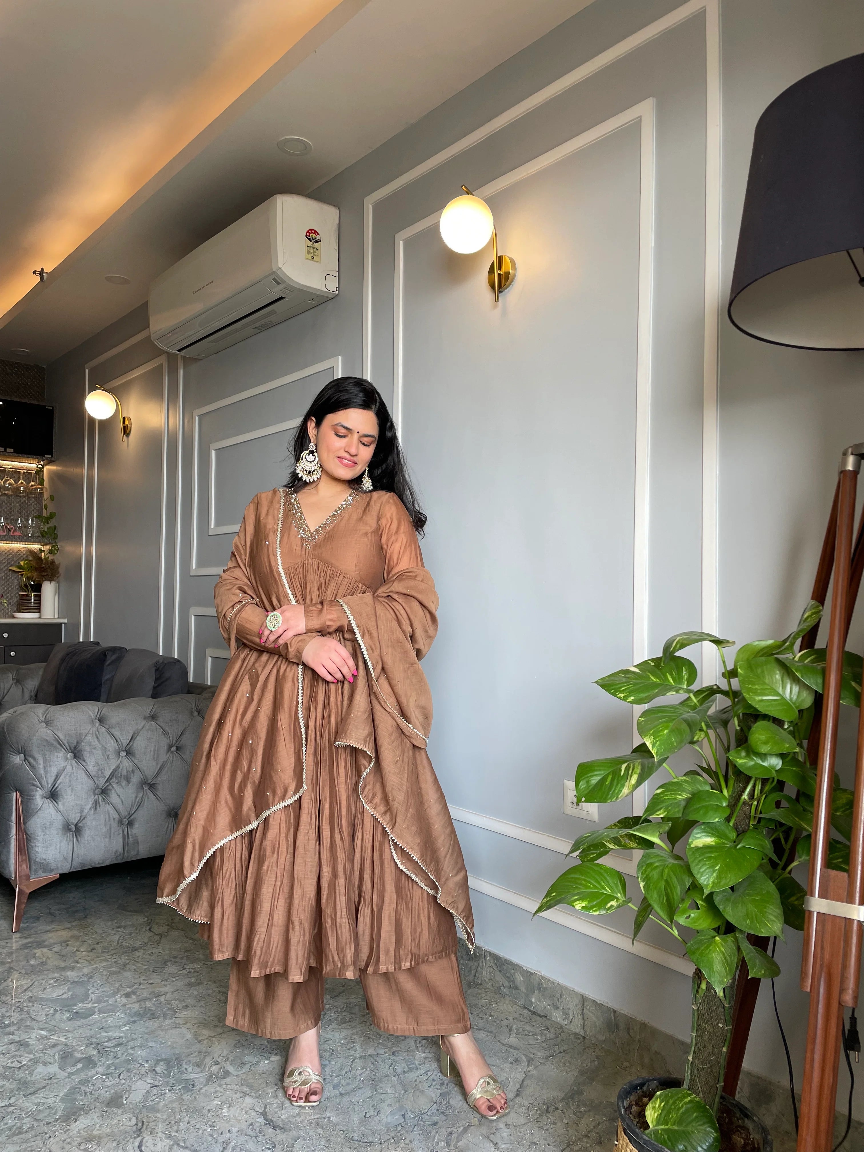 Golden/Muted-Brown Mul Chanderi anarkali with churi sleeves Set of 3