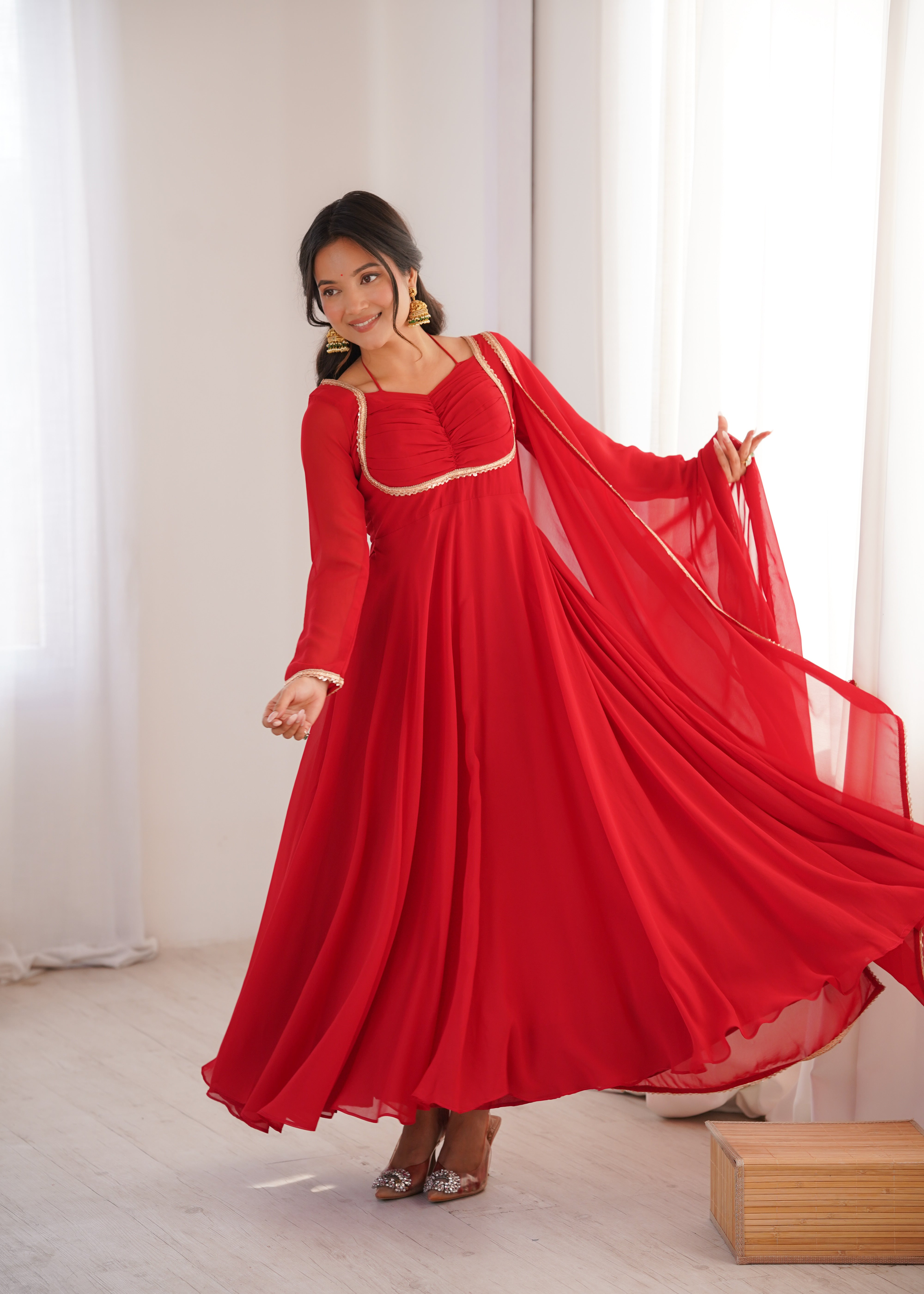 Elegant Red Anarkali Suit Set with Dupatta – Premium Party Wear Gown