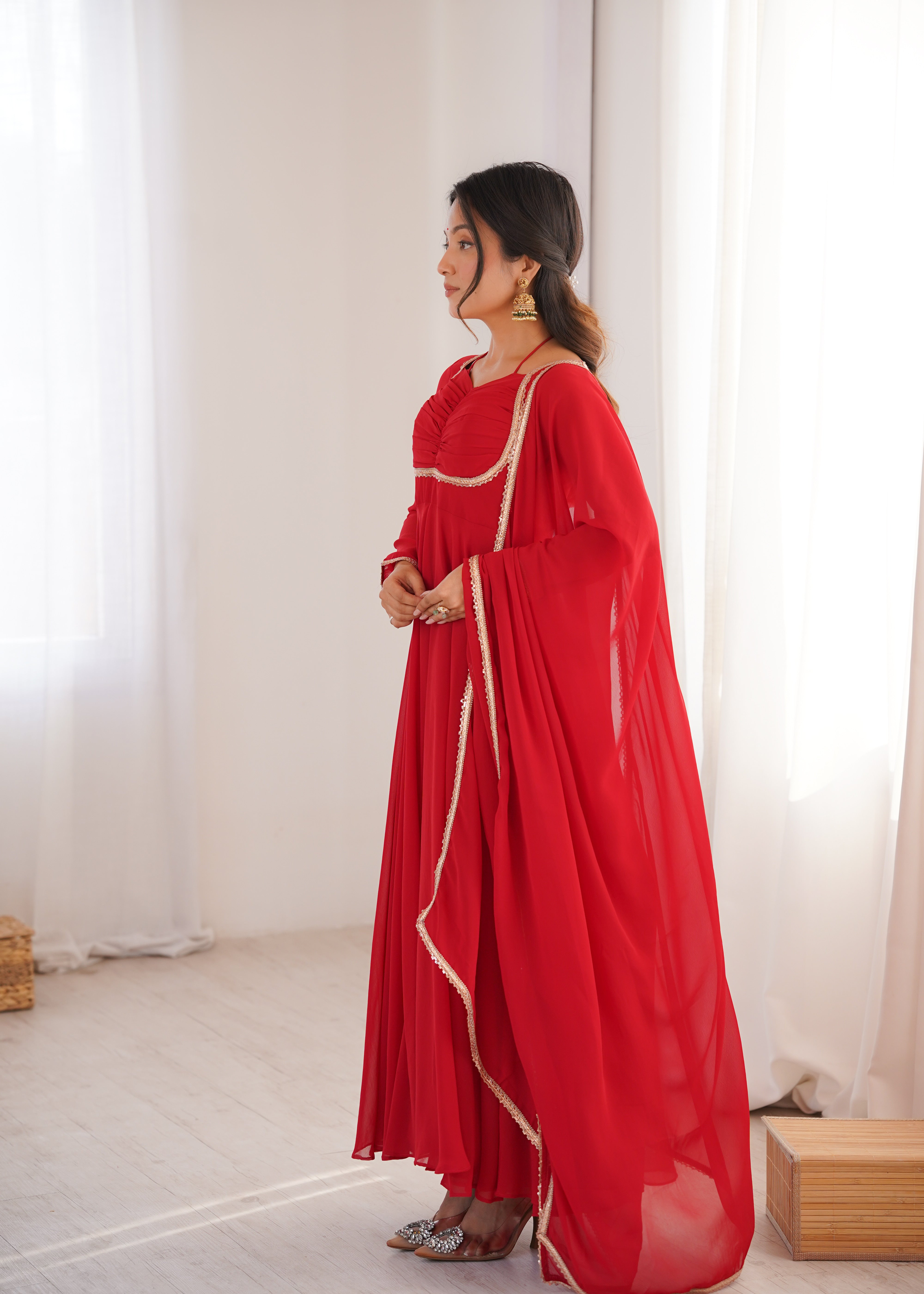 Elegant Red Anarkali Suit Set with Dupatta – Premium Party Wear Gown