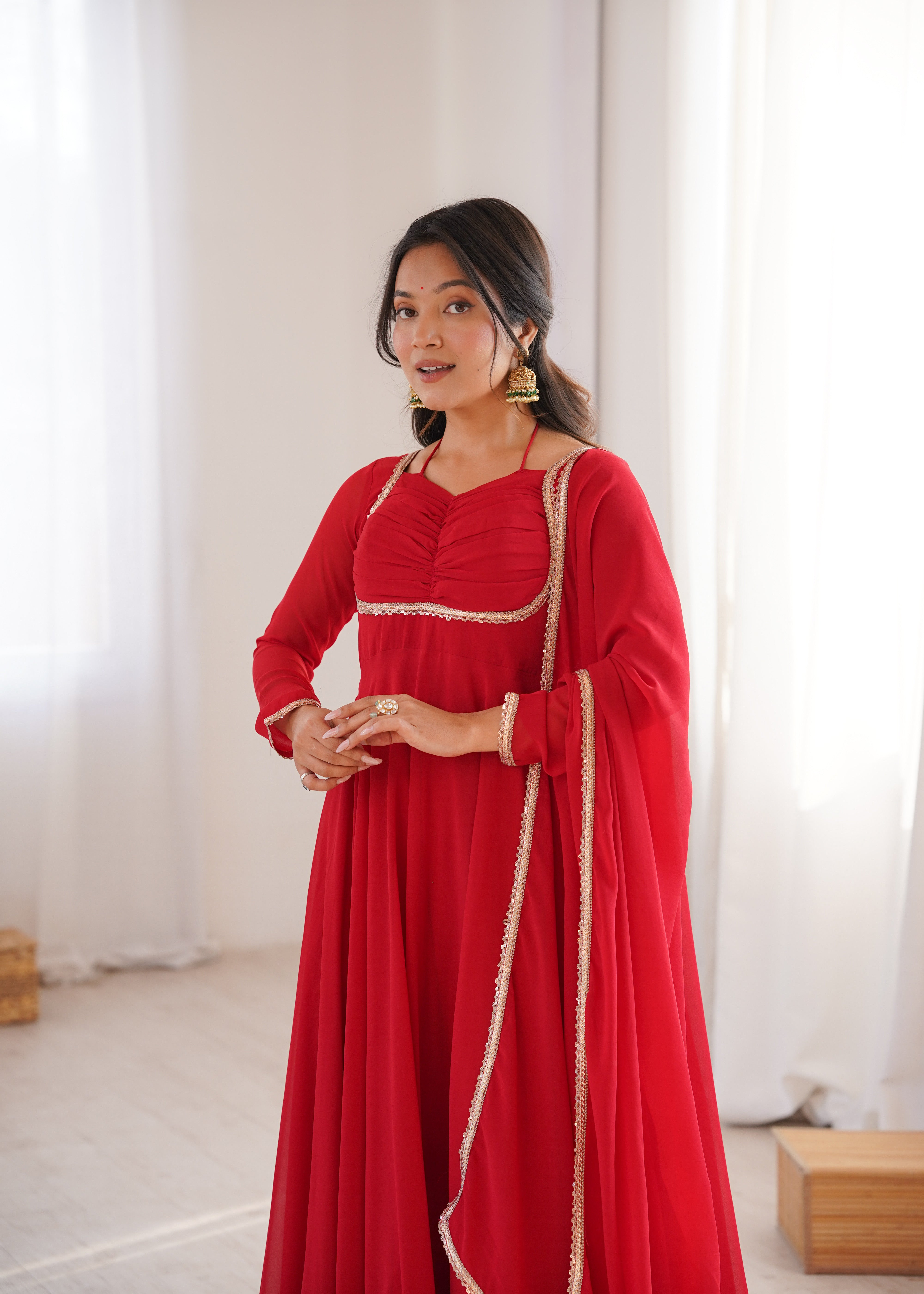 Elegant Red Anarkali Suit Set with Dupatta – Premium Party Wear Gown