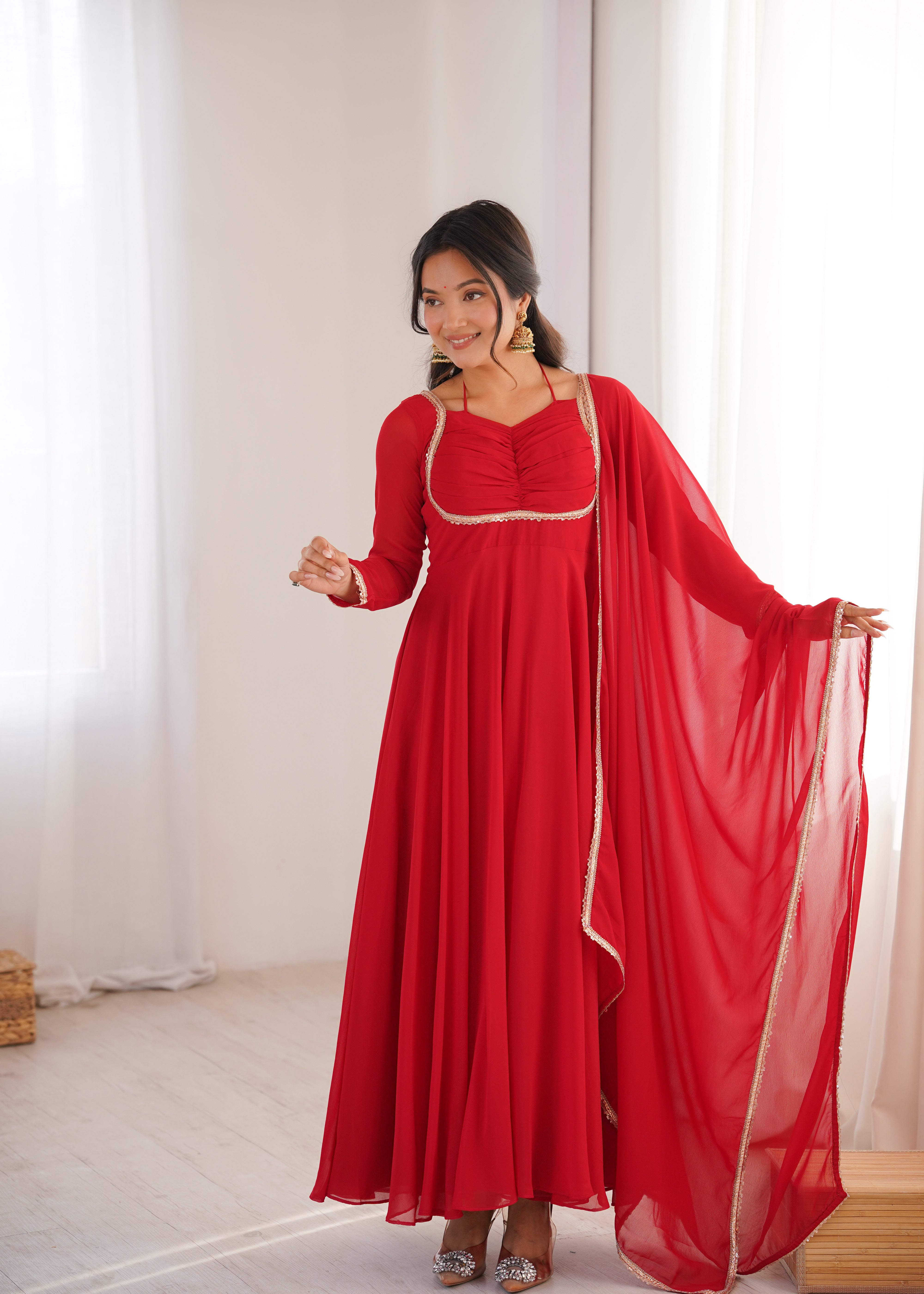 Elegant Red Anarkali Suit Set with Dupatta – Premium Party Wear Gown