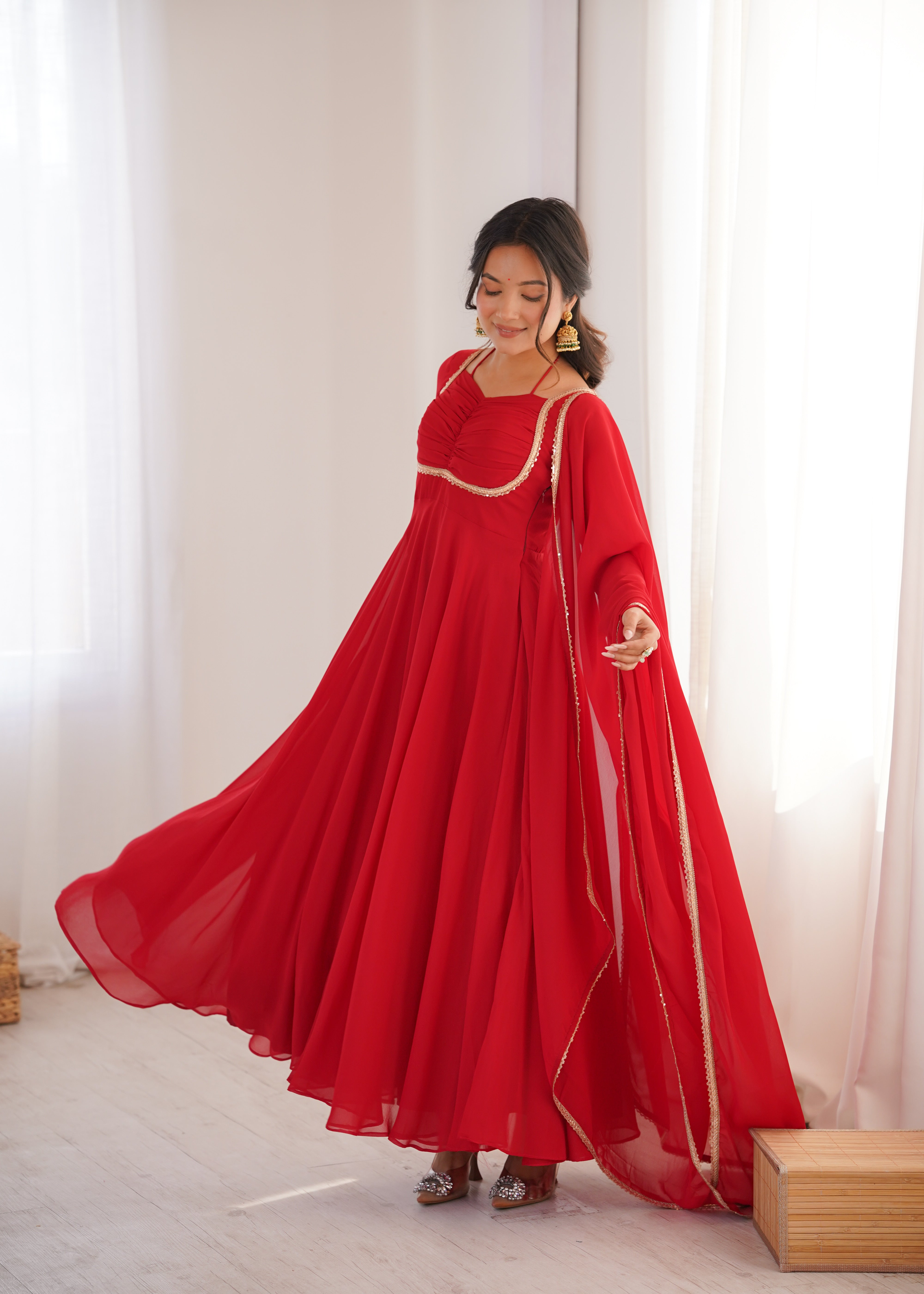 Elegant Red Anarkali Suit Set with Dupatta – Premium Party Wear Gown