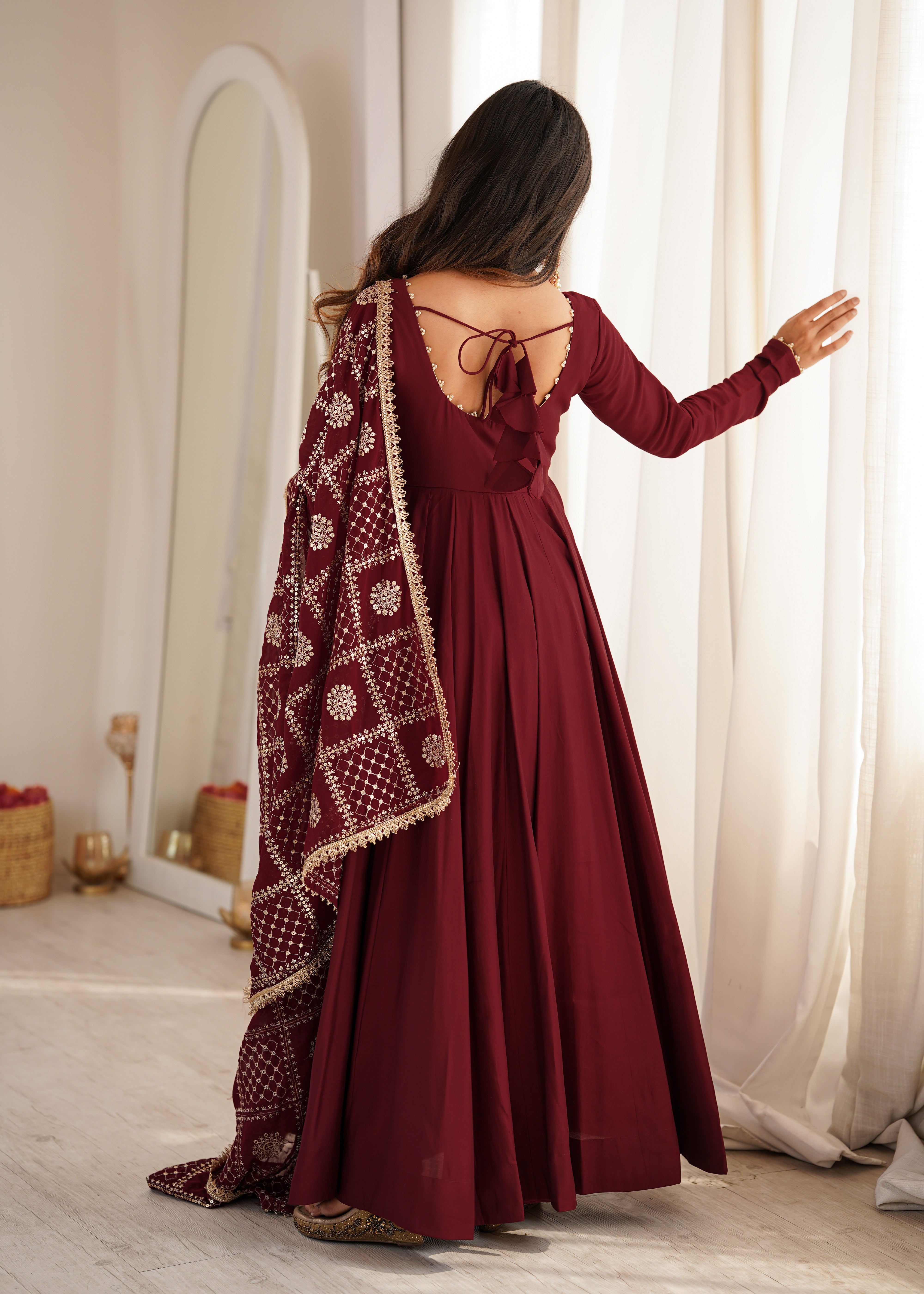 Maroon Flared Anarkali Gown with Embroidered Net Dupatta