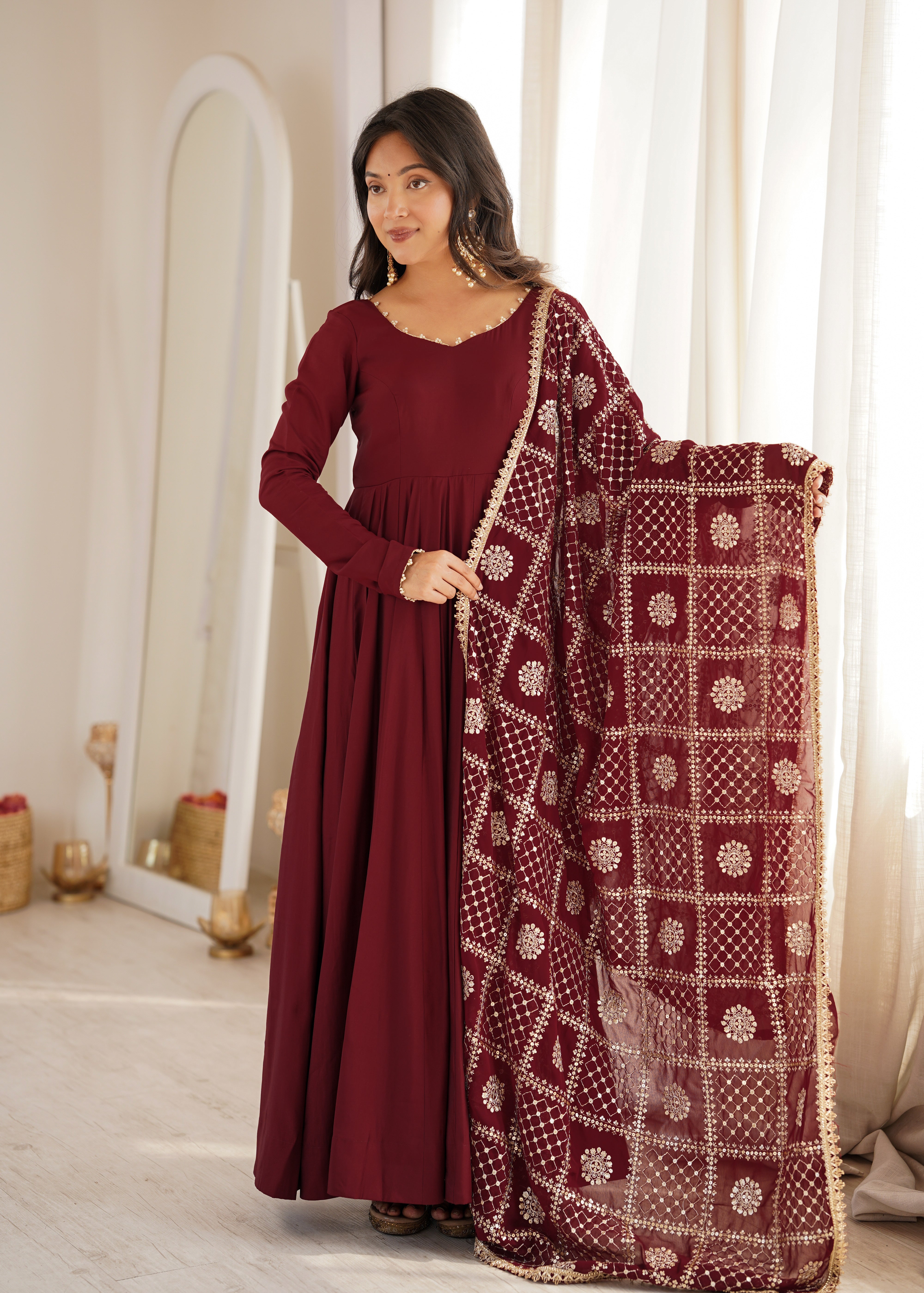 Maroon Flared Anarkali Gown with Embroidered Net Dupatta