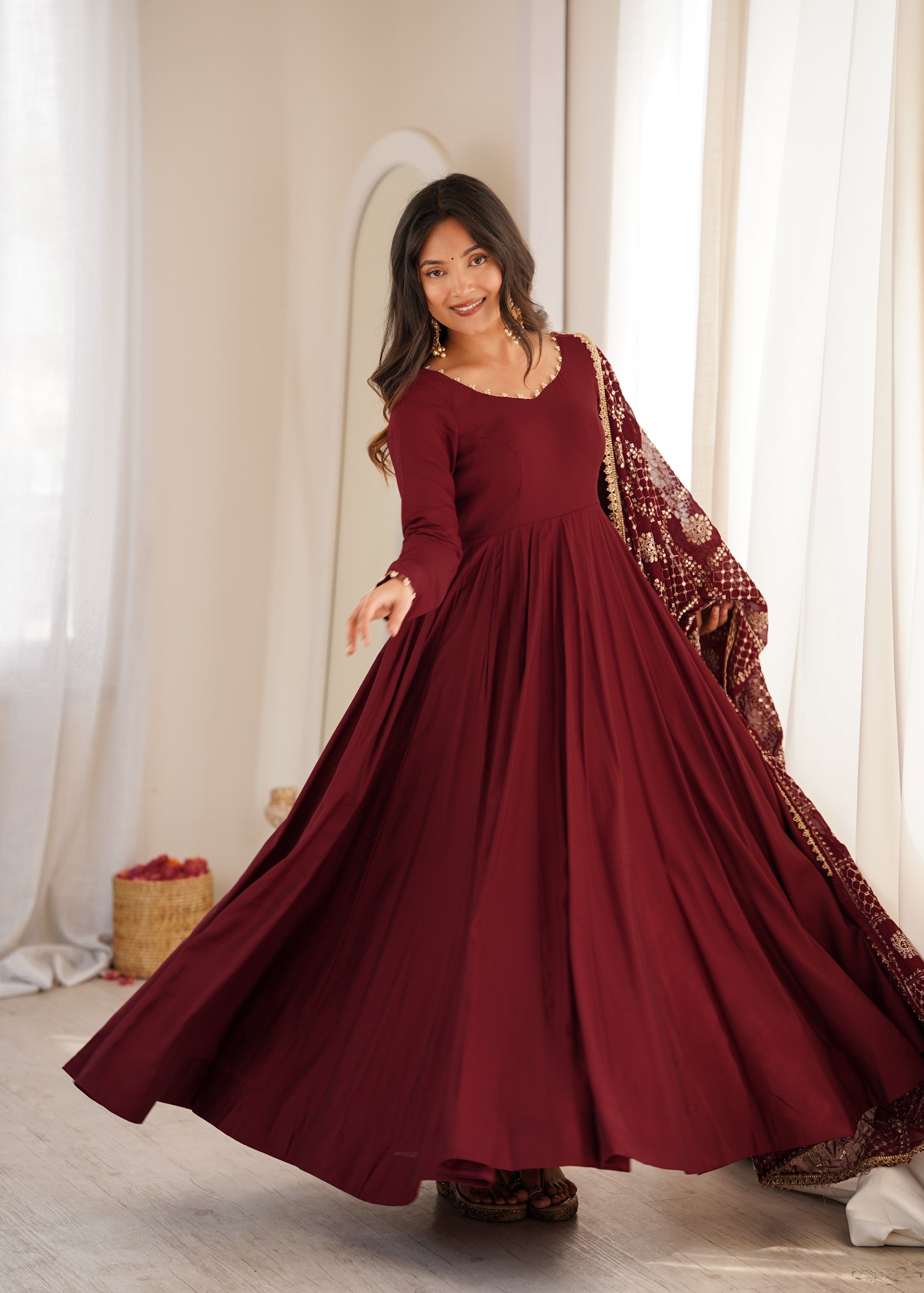 Maroon Flared Anarkali Gown with Embroidered Net Dupatta
