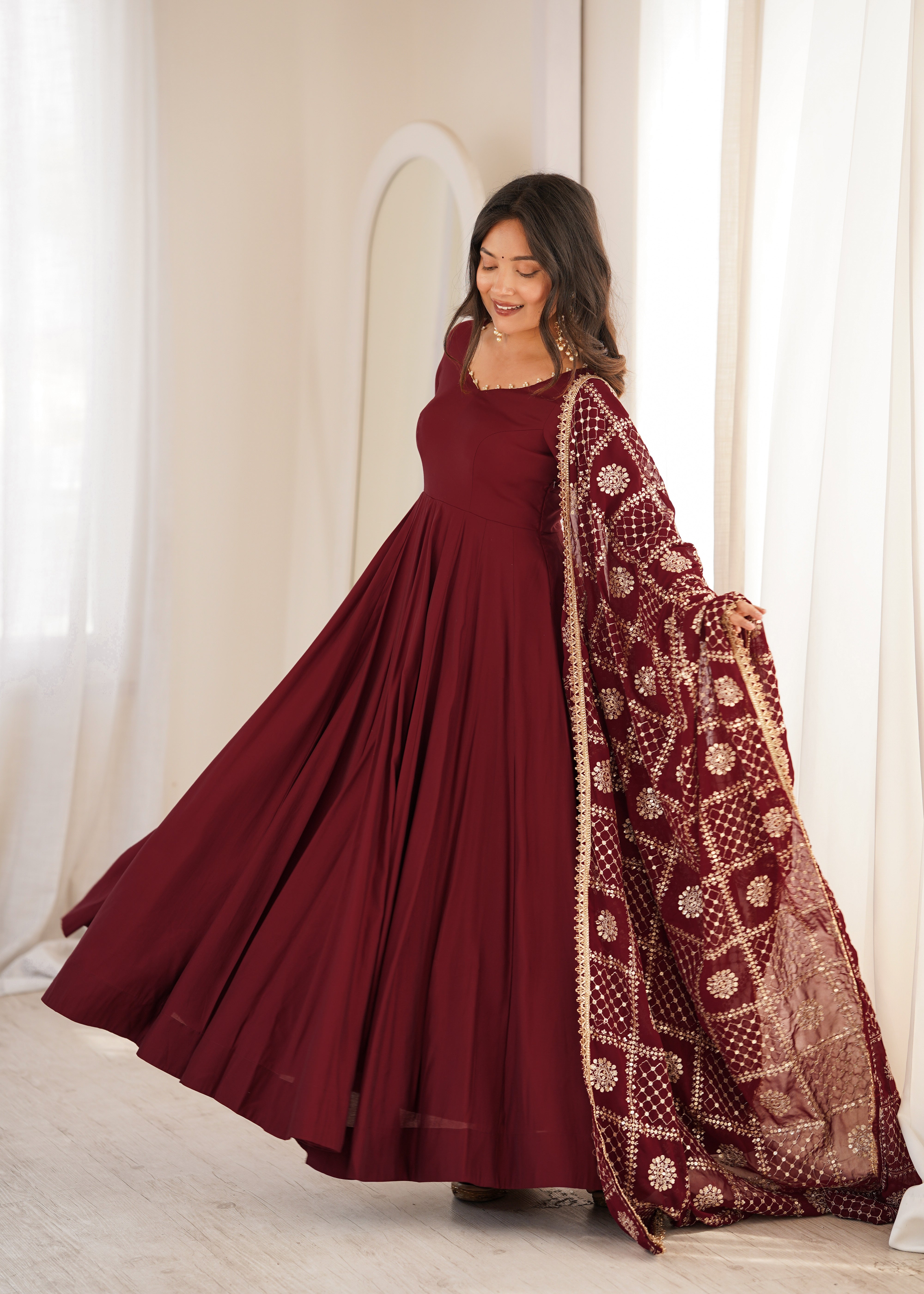 Maroon Flared Anarkali Gown with Embroidered Net Dupatta
