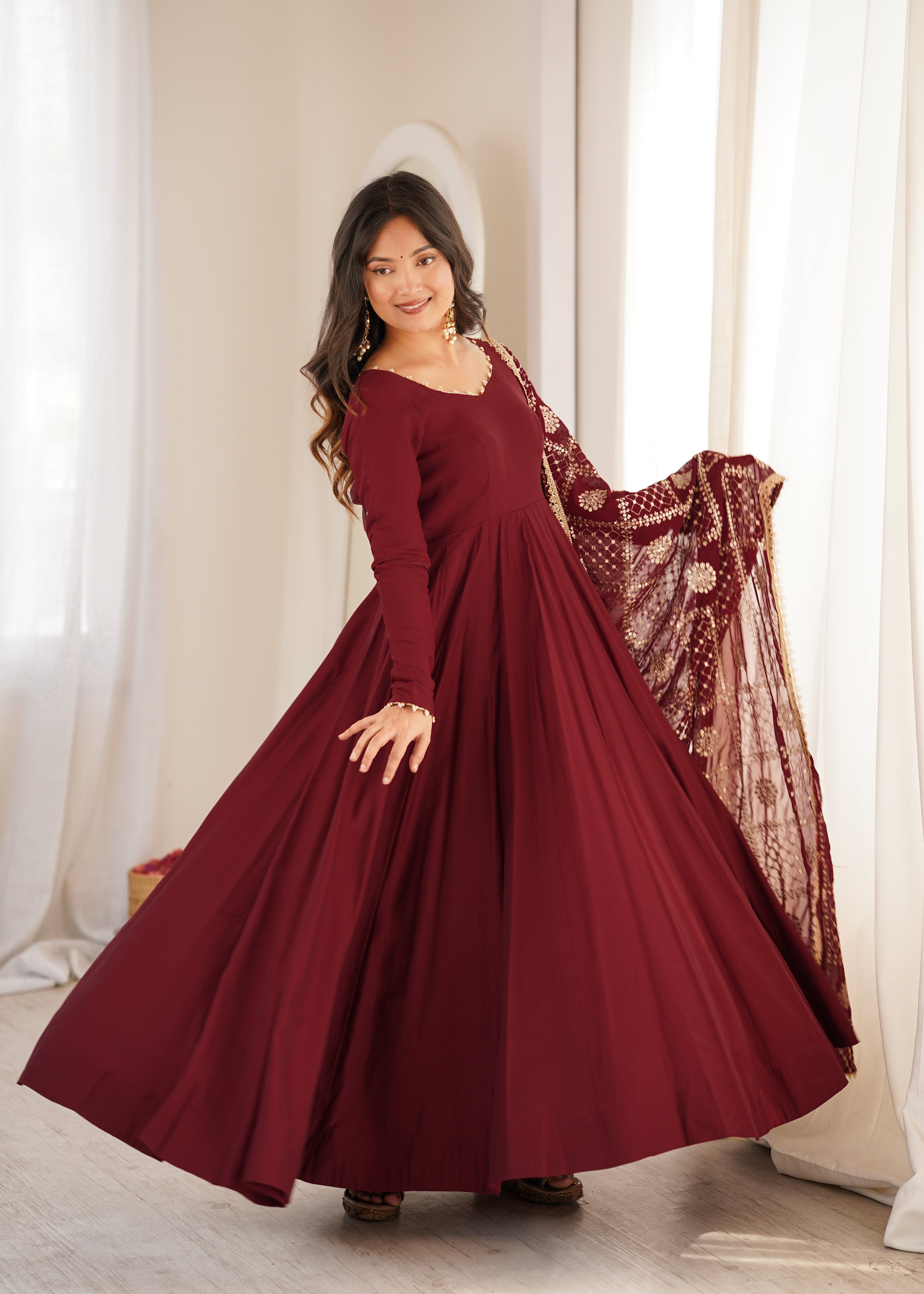Maroon Flared Anarkali Gown with Embroidered Net Dupatta