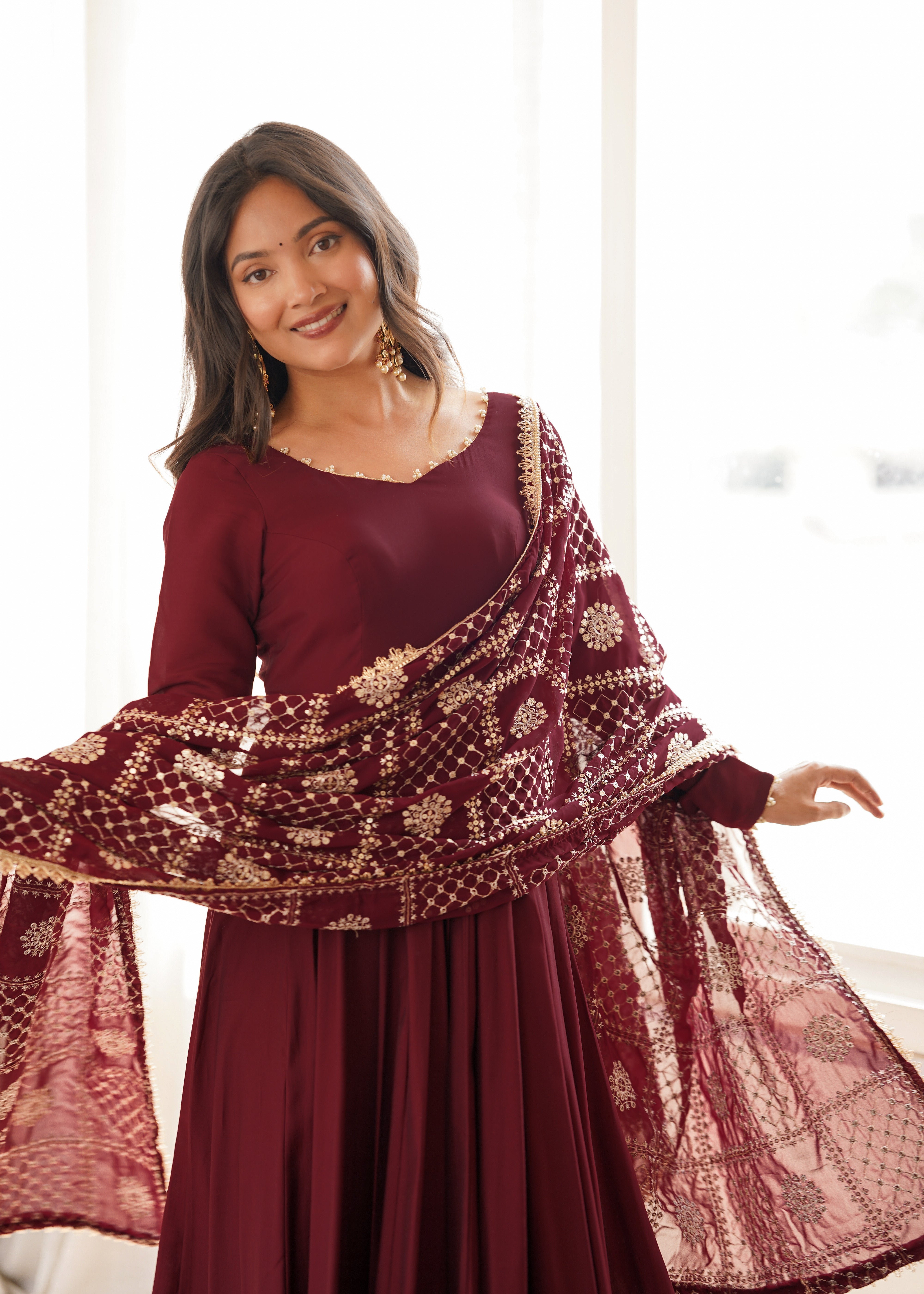 Maroon Flared Anarkali Gown with Embroidered Net Dupatta