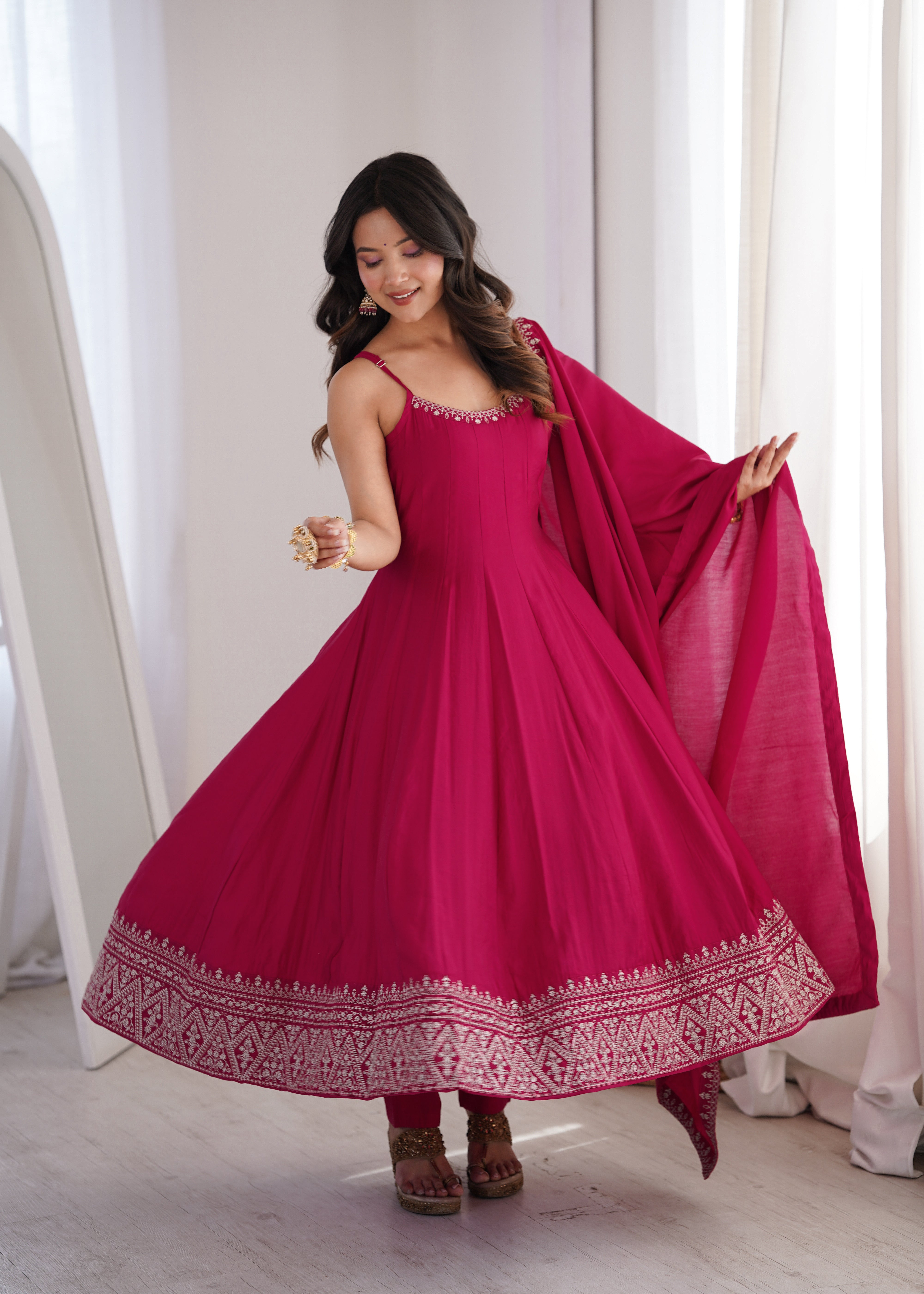 Rani Pink Embroidered Flared Anarkali Gown with Dupatta