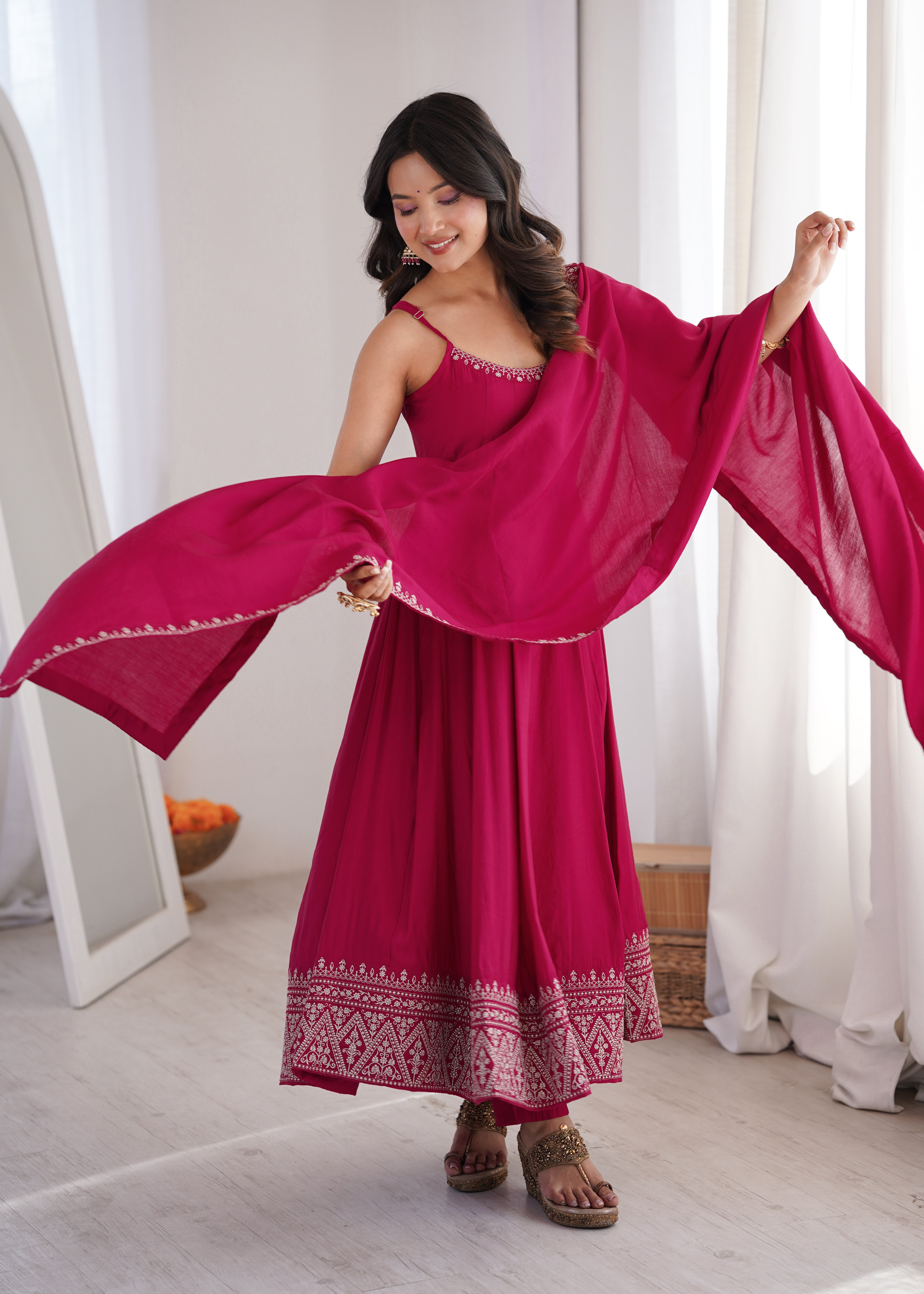 Rani Pink Embroidered Flared Anarkali Gown with Dupatta