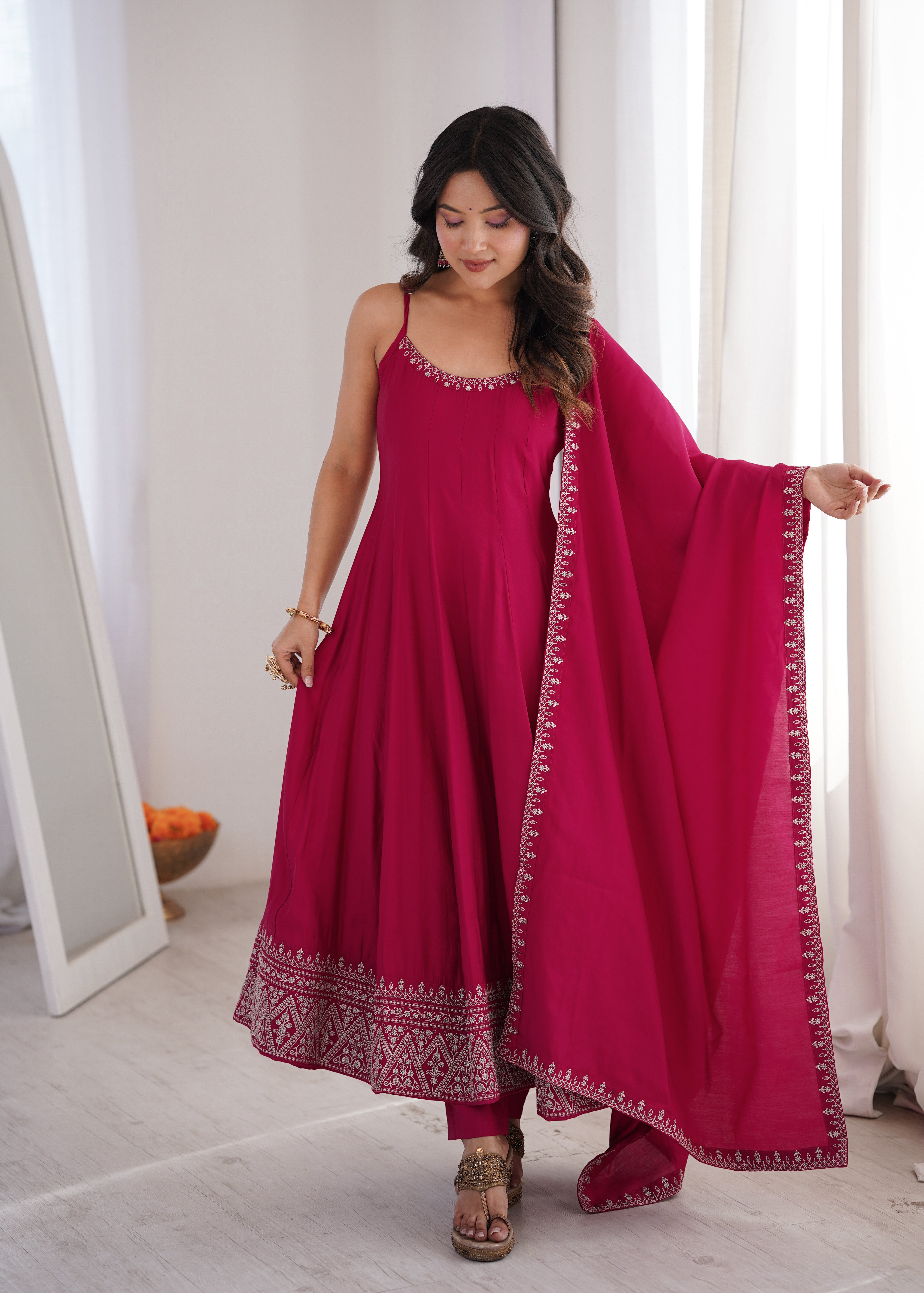 Rani Pink Embroidered Flared Anarkali Gown with Dupatta
