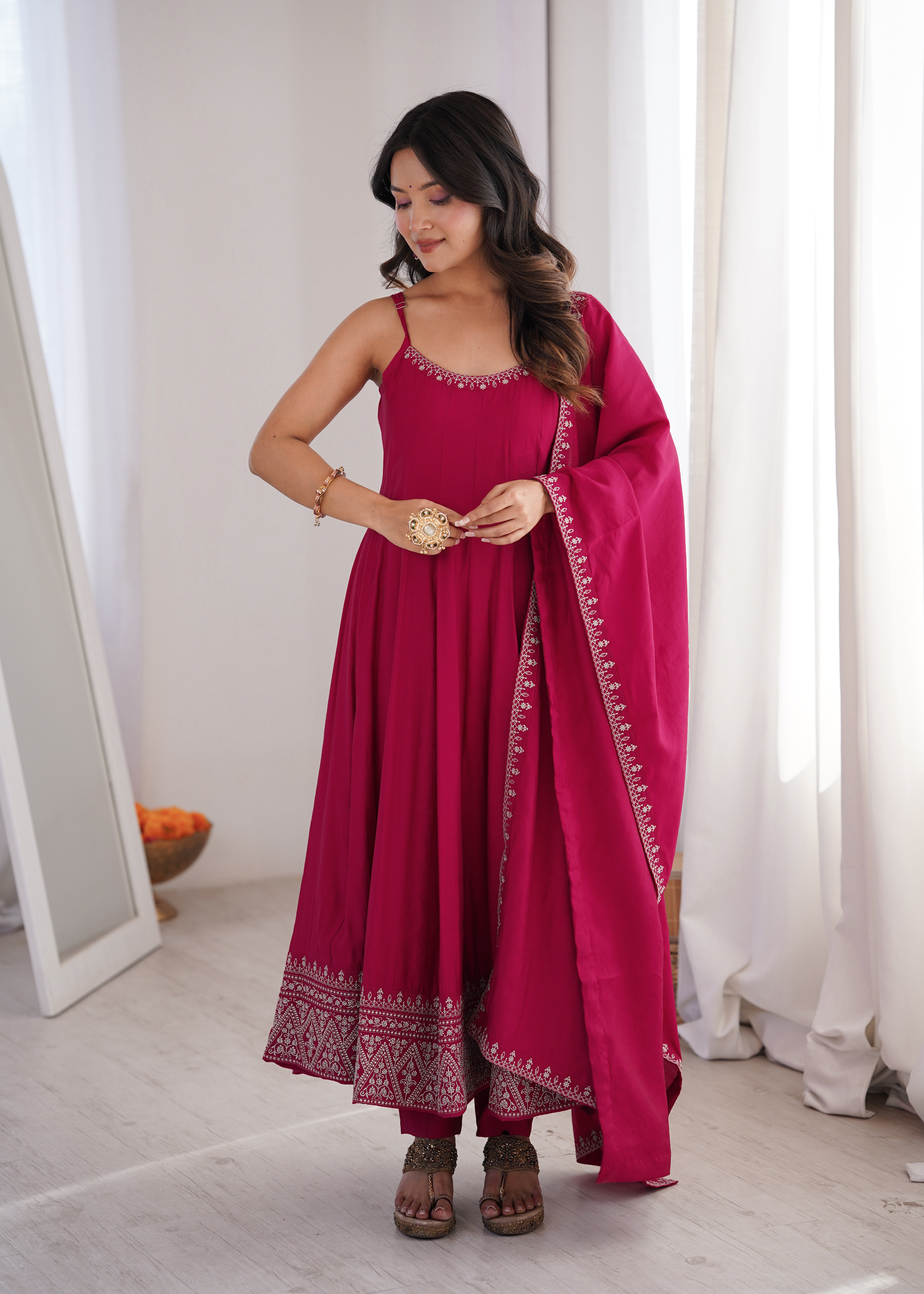 Rani Pink Embroidered Flared Anarkali Gown with Dupatta