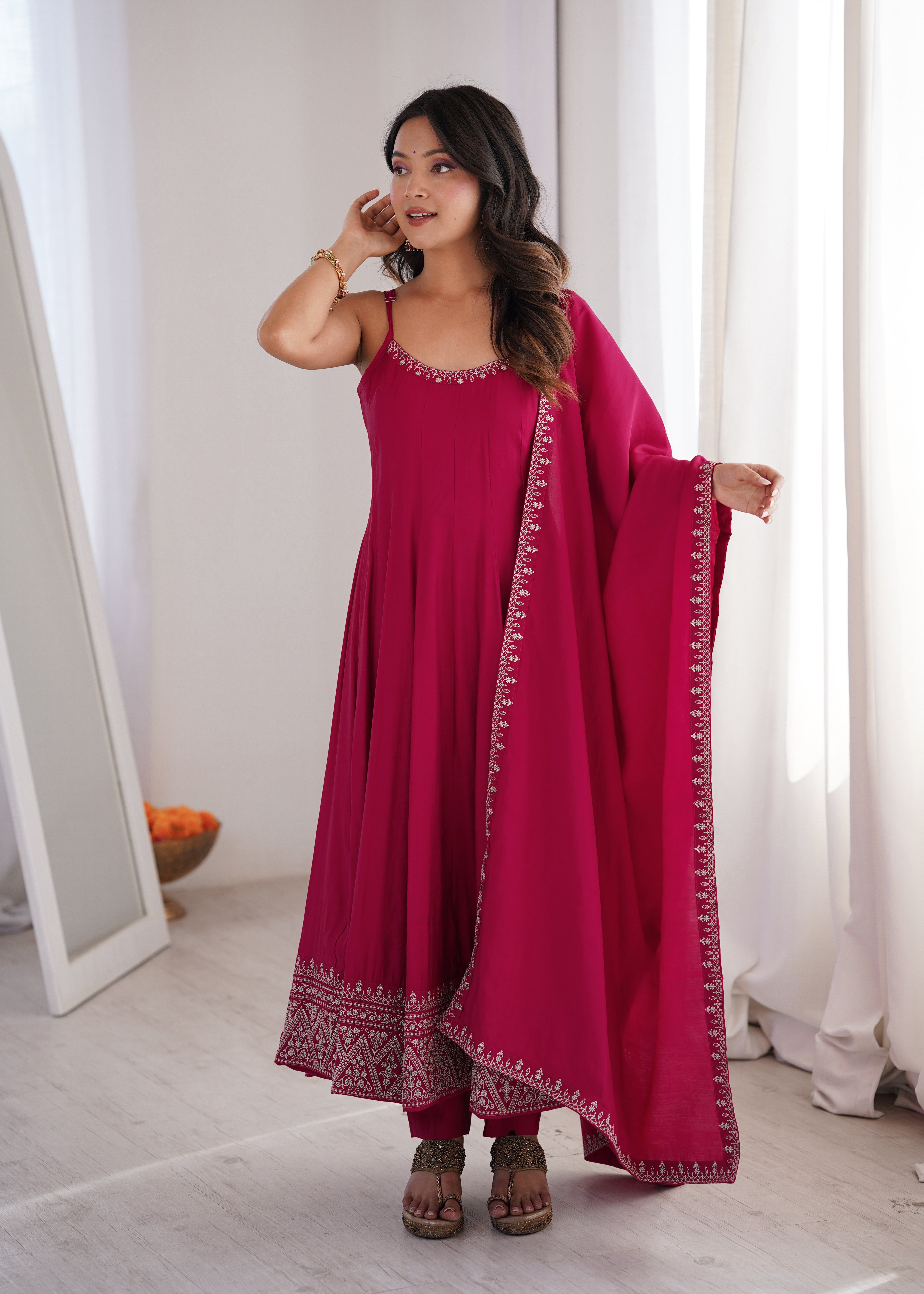 Rani Pink Embroidered Flared Anarkali Gown with Dupatta