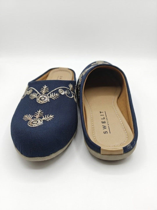 Traditional Navy Blue Embroidered Flat Mules for Women
