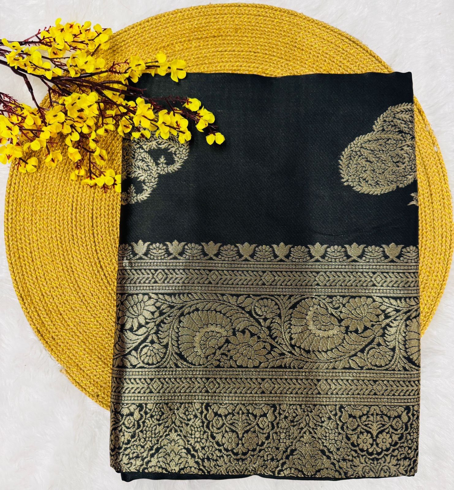Women's Black Silk Blend Saree with Golden Paisley Woven Design & Rich Zari Border