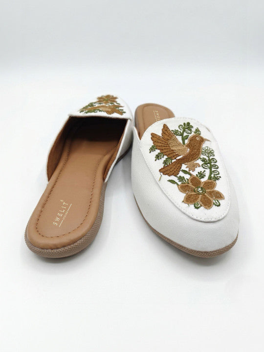 Brown Bird Embroidered Ethnic Mule Flats for Women
